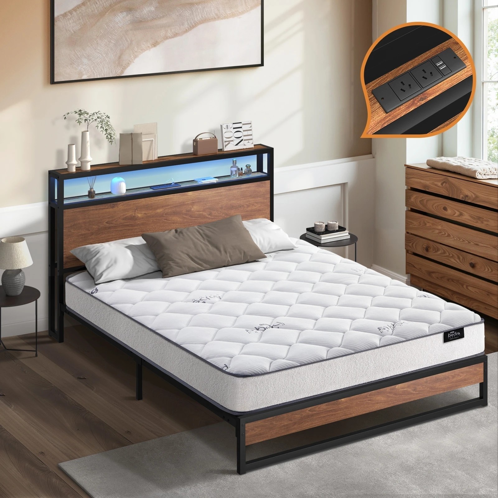 3 Oikiture Metal Bed Frame Queen Size LED Storage USB with Mattress - Brown, 3 of 10