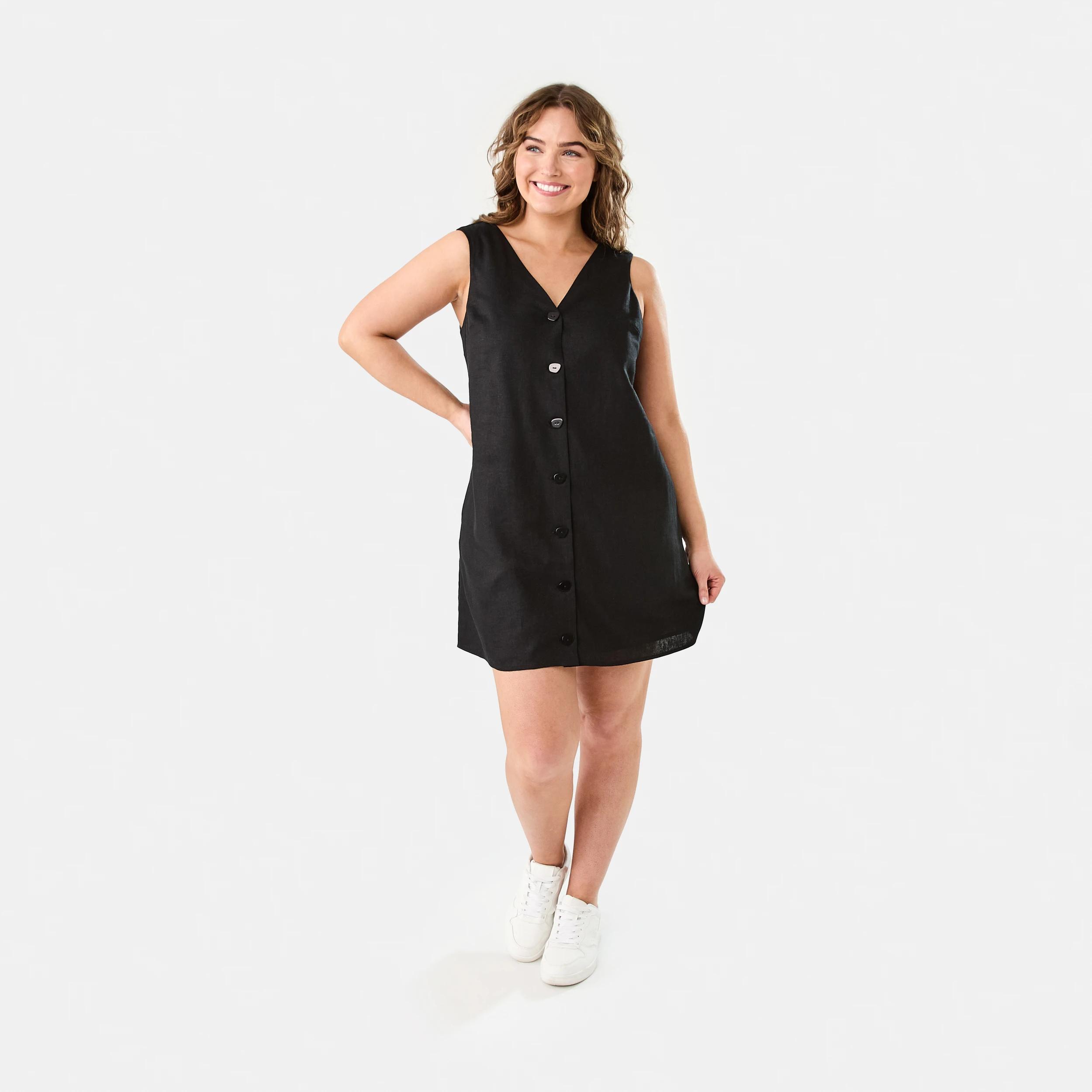 9 Sleeveless V-neck Linen Blend Button Mini Dress Black, 9 of 9