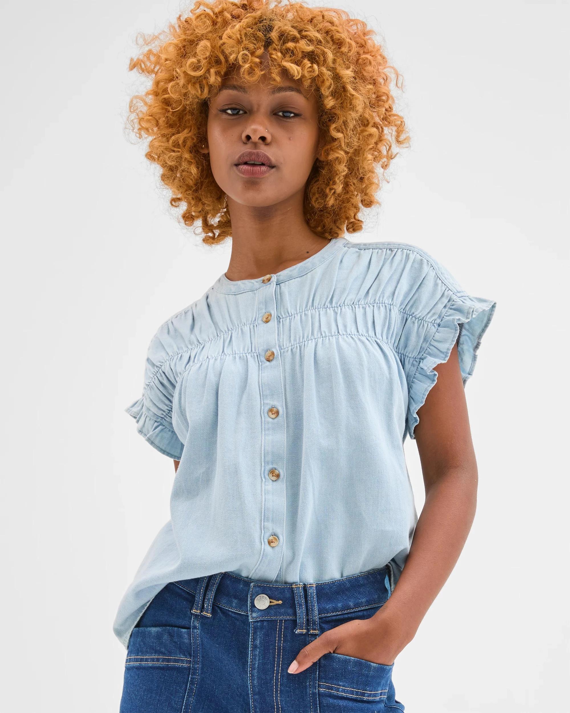 2 Target Petites Ruffle Sleeve Blouse CHAMBRAY, 2 of 5