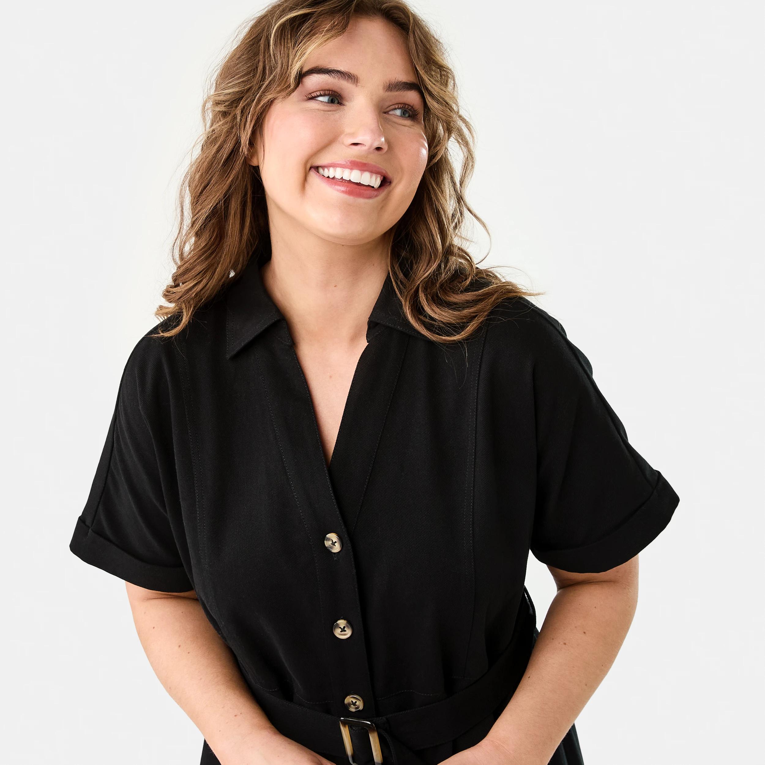 5 Short Sleeve Denim Button Through Midi Dress BLACK, 5 of 9