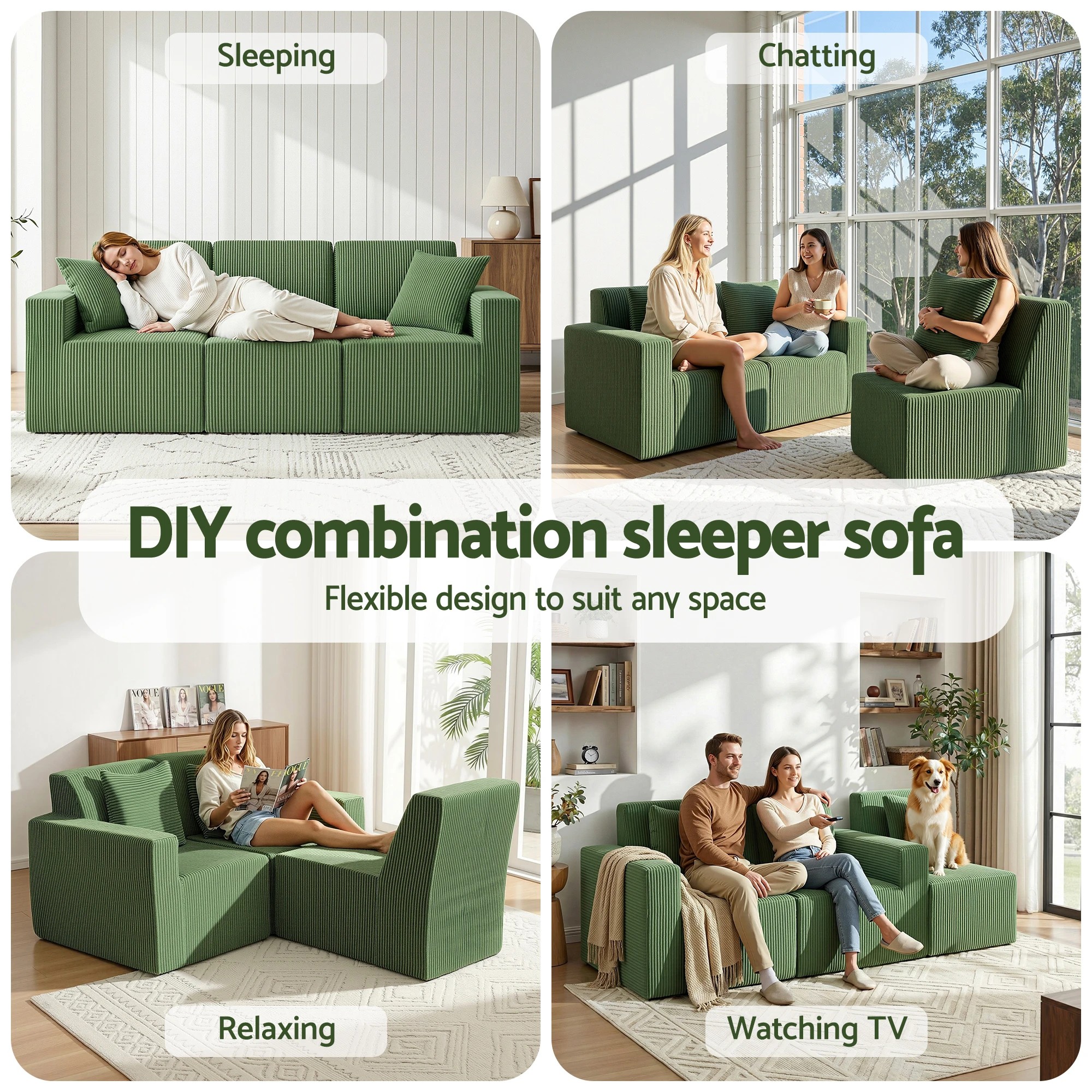 2 Artiss Modular 3-Seater Sofa Bed Convertible Sectional Floor Couch with Deep - Green, 2 of 8