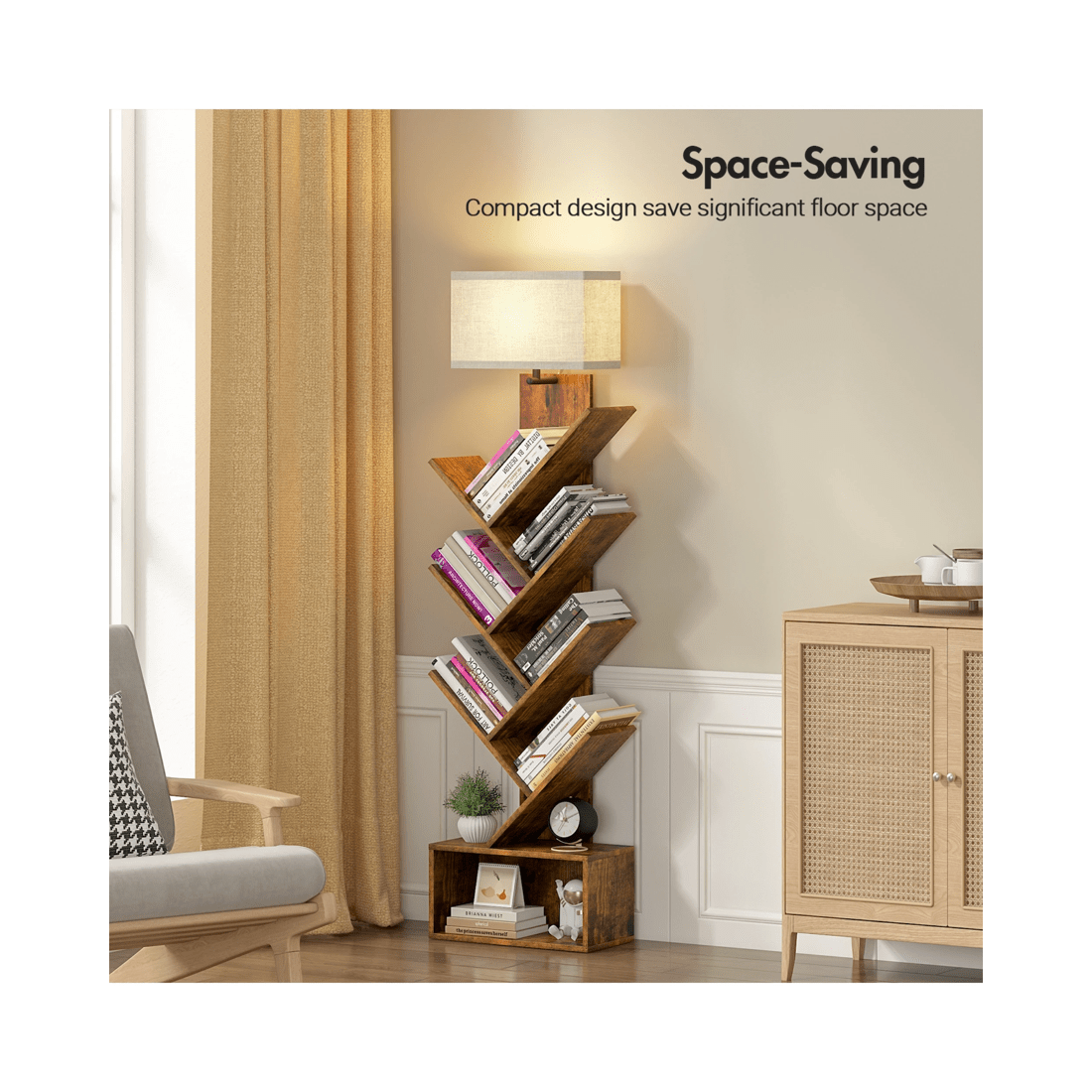 6 Advwin 6 Tier Tree Bookshelf w/ 3-Color Adjustable Light & Storage Cabinet Walnut, 6 of 10
