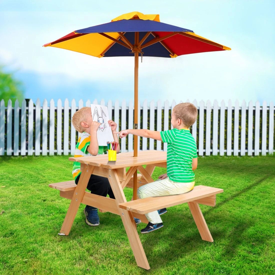 3 Keezi Kids Outdoor Table and Chairs Wooden Picnic Bench Set Umbrella - Natural, 3 of 10