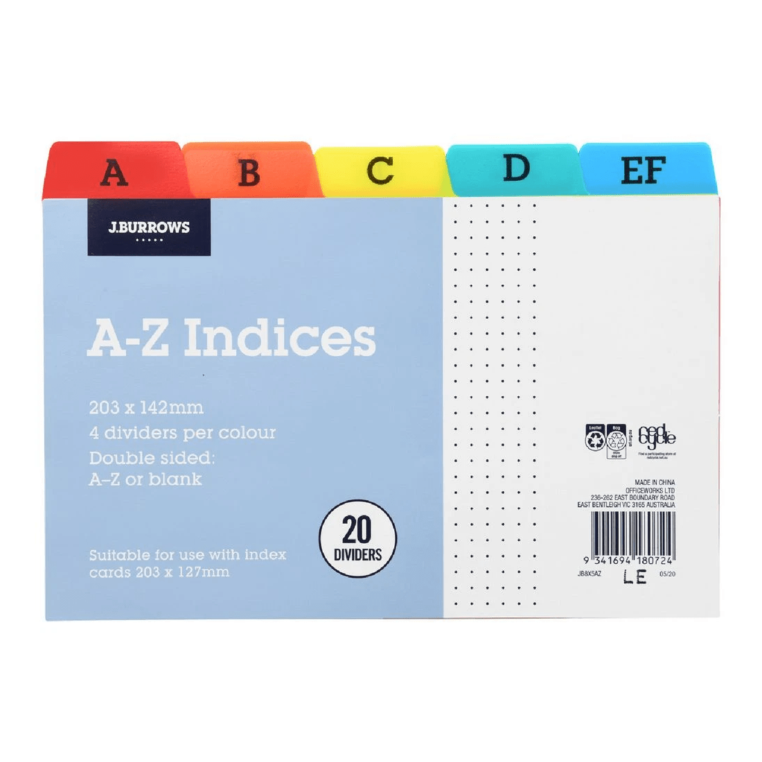 1 J.Burrows A-Z Index Card Dividers 203 x 127mm, 1 of 2
