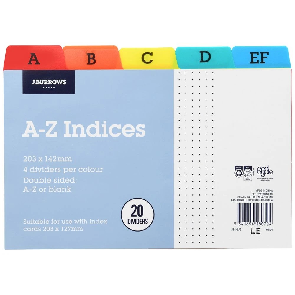 1 J.Burrows A-Z Index Card Dividers 203 x 127mm, 1 of 2