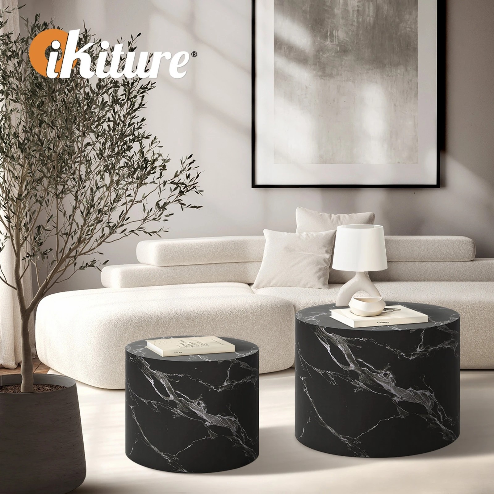 5 Oikiture Coffee Table Set Of 2 Round Side Tables Sofa Cafe Marble Effect
 - Black, 5 of 10