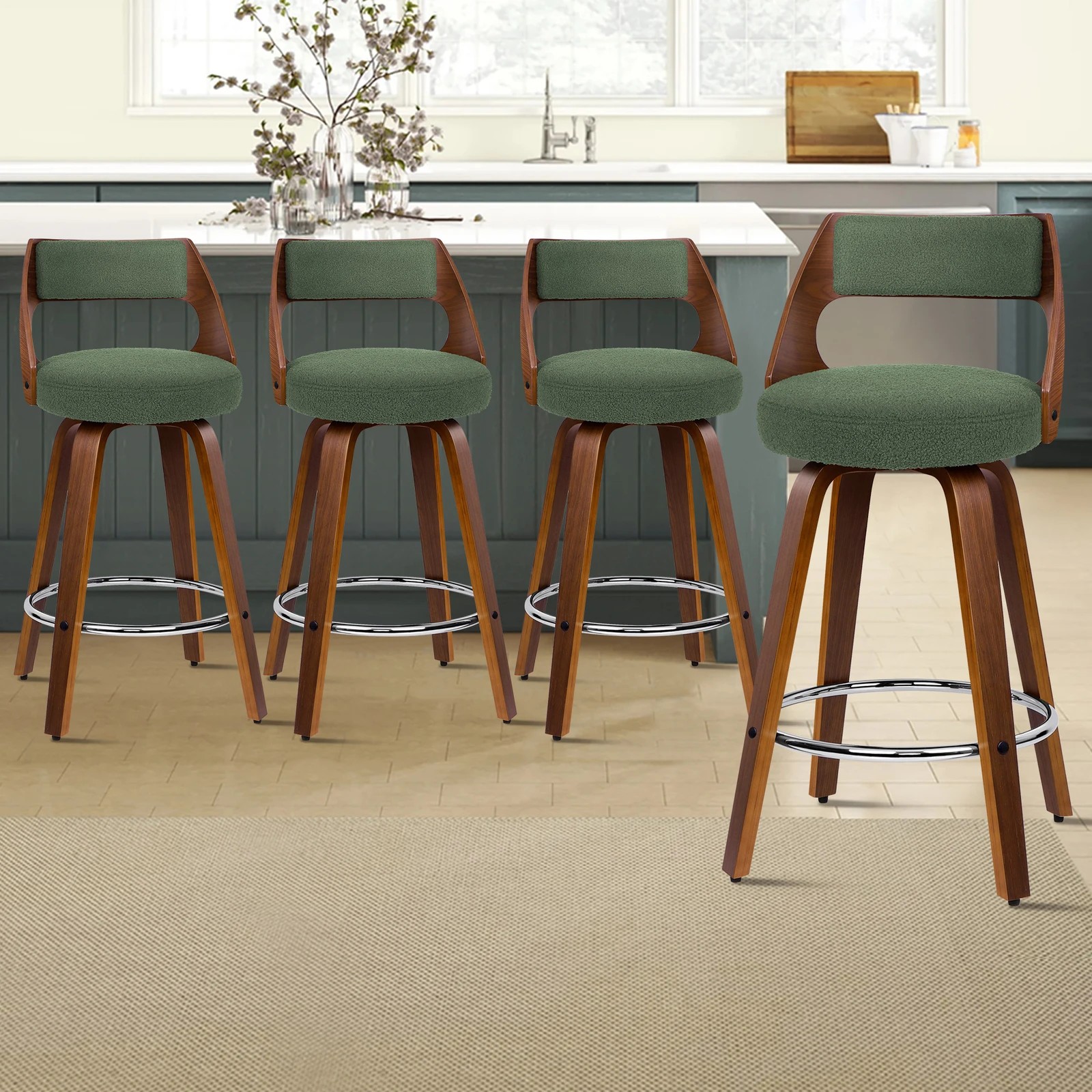 2 Alfordson 4x Swivel Bar Stools 65cm Kitchen Wooden Dining Chair Boucle - Green, 2 of 10