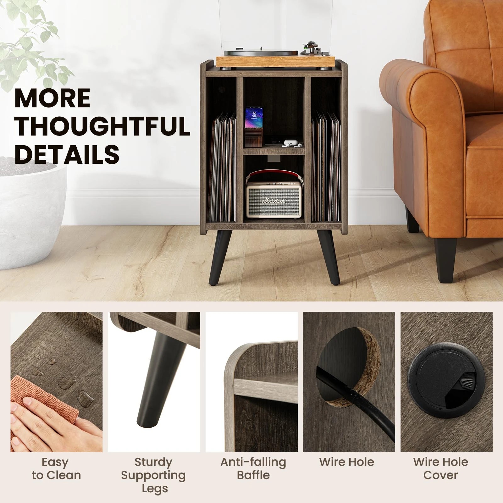 4 Costway Industrial Record Player Stand w/Power Outlet Turntable Stand for Vinyl, 4 of 6