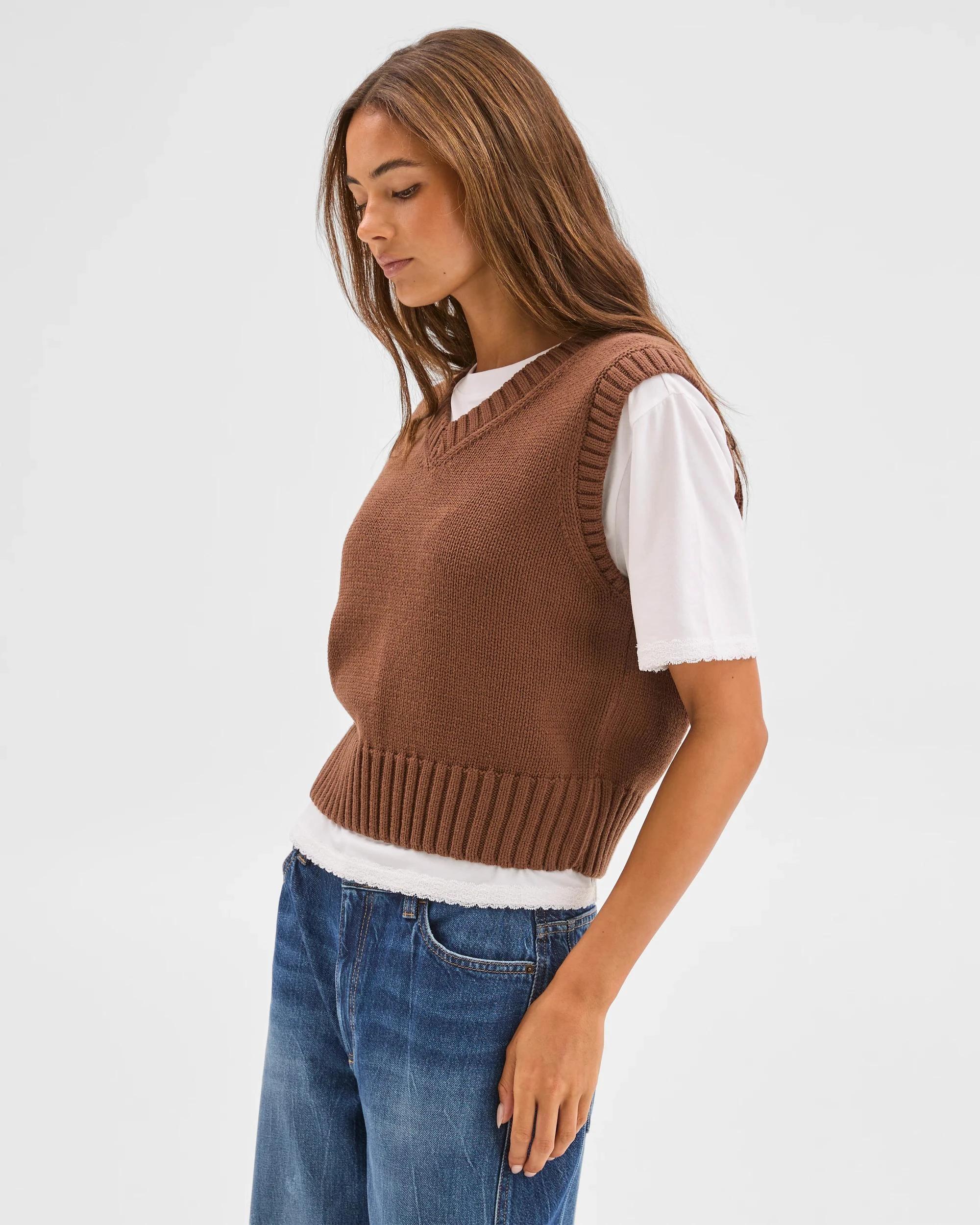 6 Lily Loves Australian Cotton Blend V-Neck Knit Vest LIGHT BROWN, 6 of 8