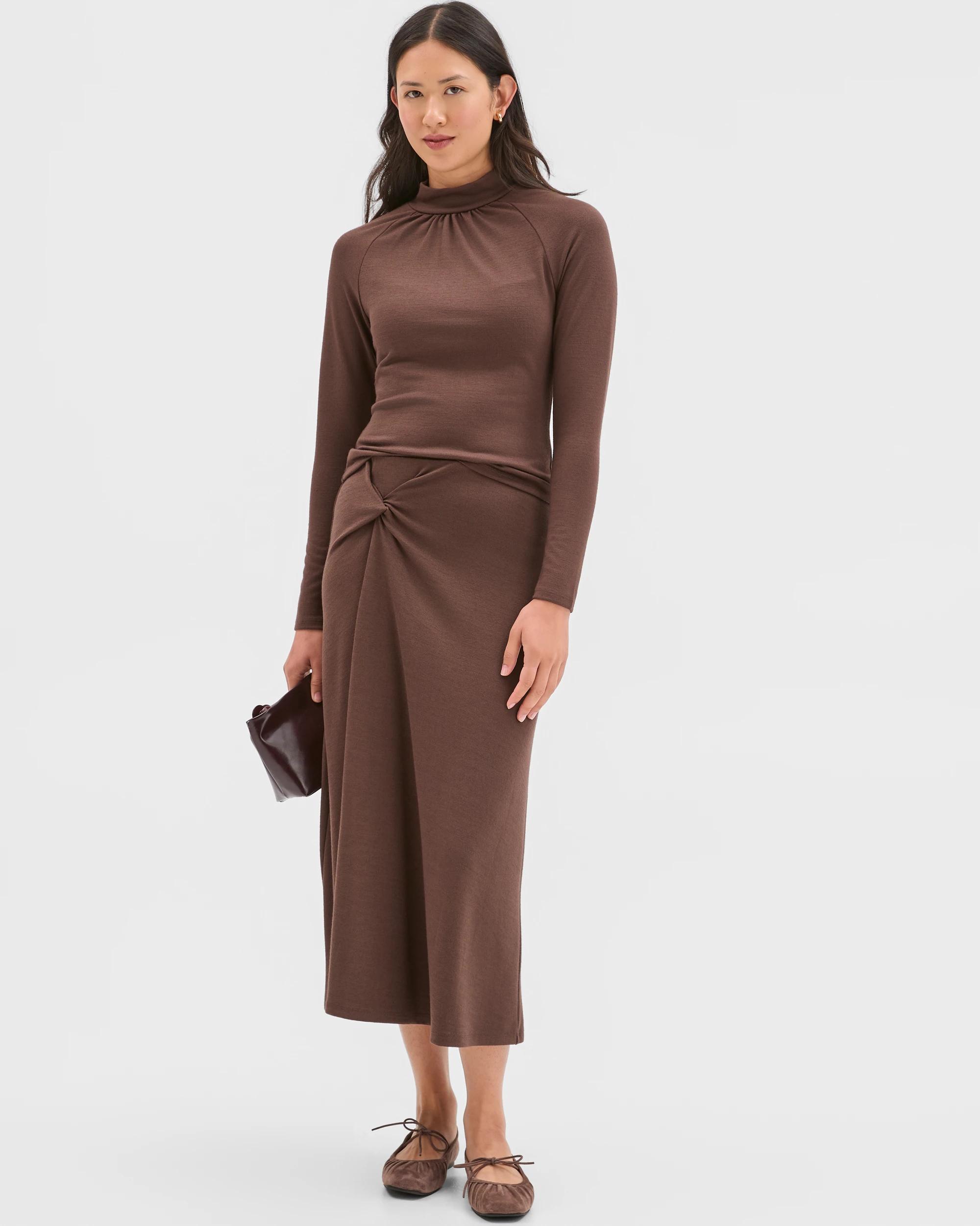 1 Preview Long Sleeve High Neck Drape Top GANACHE, 1 of 5