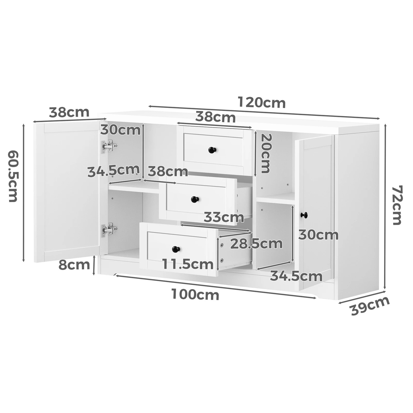 7 Alfordson Buffet Sideboard 120cm Storage Cabinet - White, 7 of 8