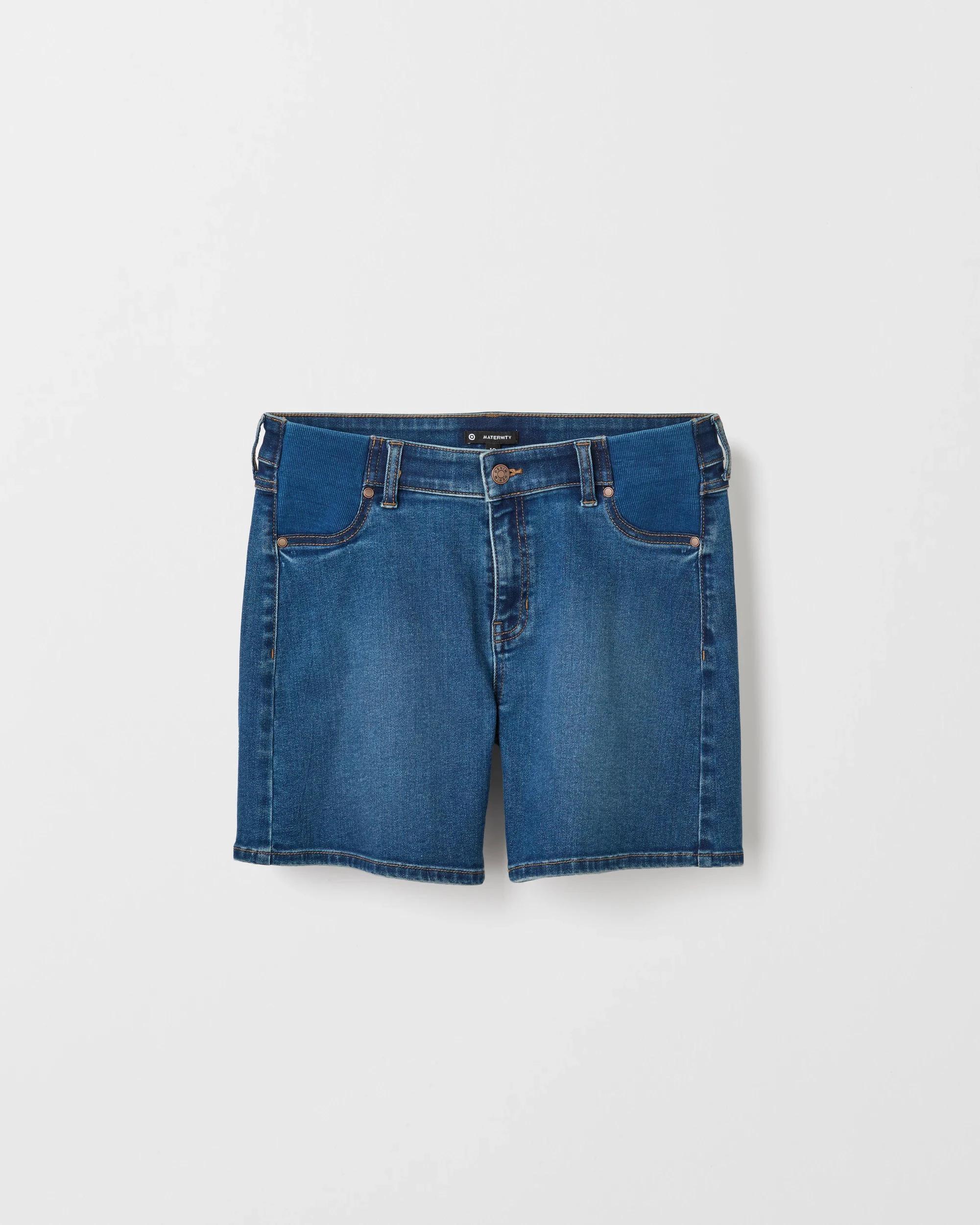 1 Target Maternity Under The Belly A-Line Denim Shorts MID WASH, 1 of 2