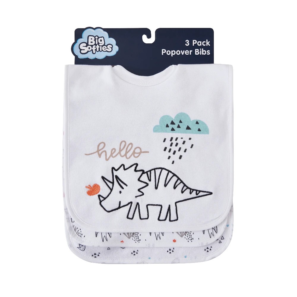 1 Big Softies 3 Pack Popover Bibs, Dino, 1 of 5