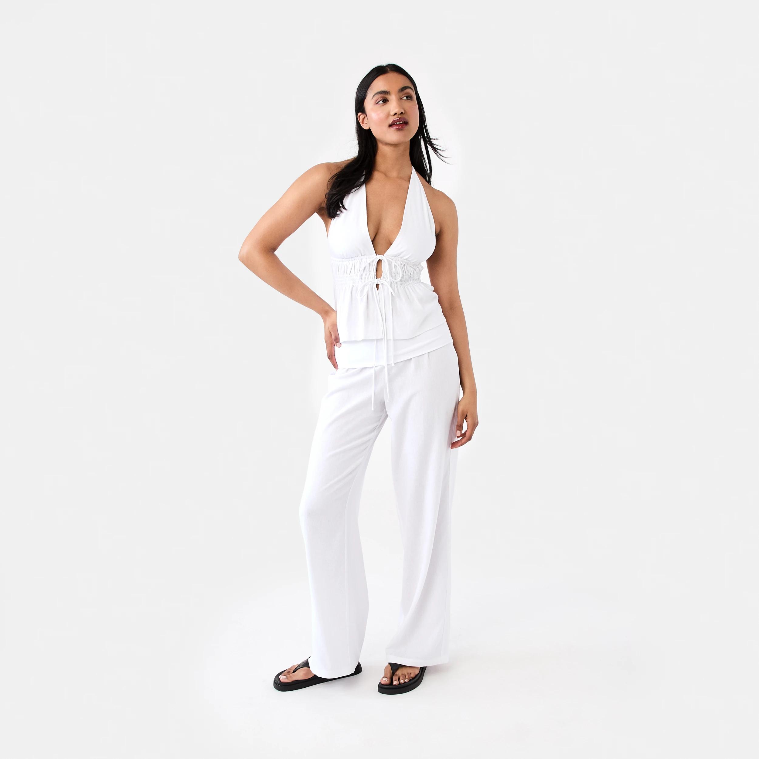 2 Linen Blend Tie Front Halter Neck Top White, 2 of 7