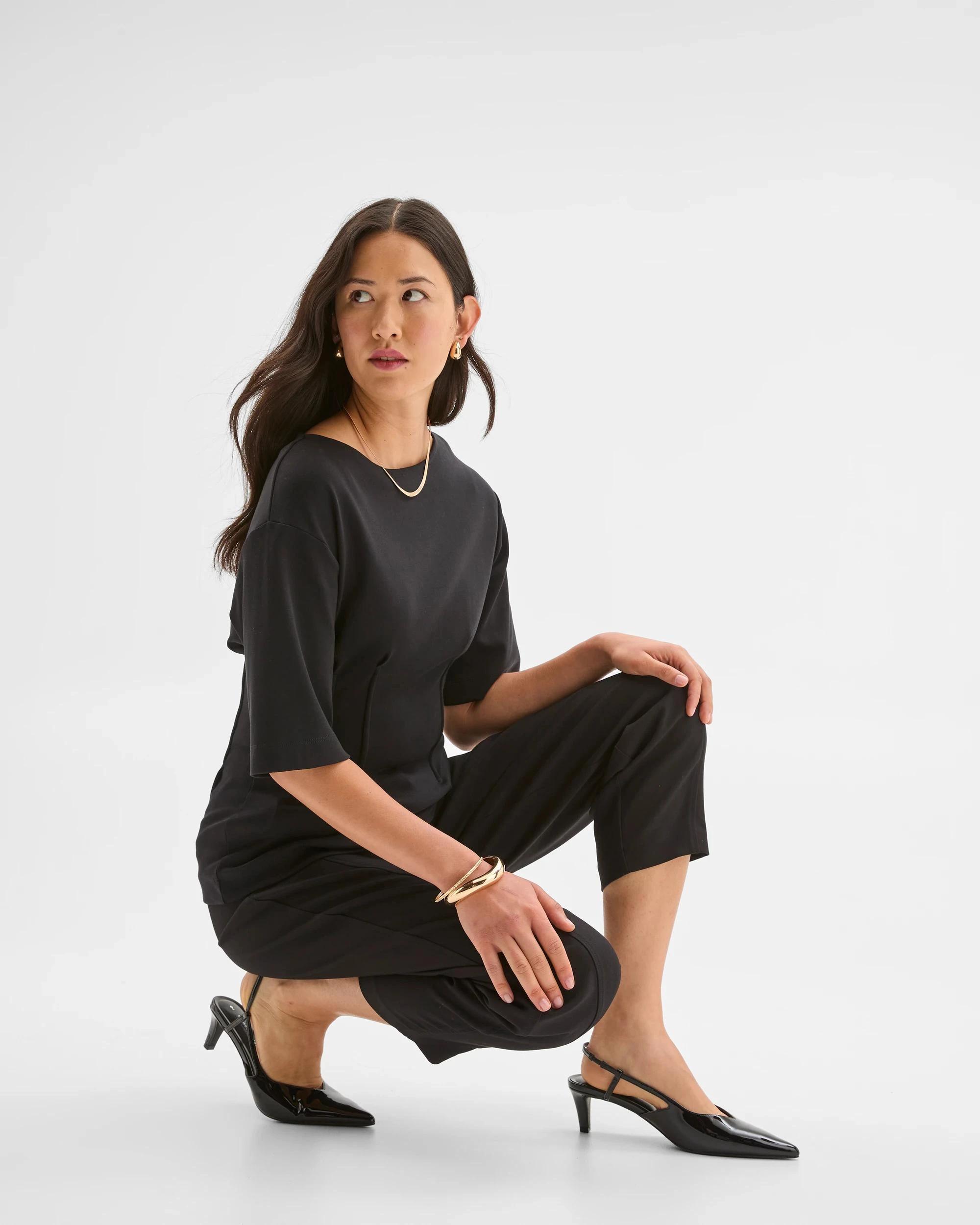 9 Preview Australian Cotton Blend Short Sleeve Knit Waisted Top BLACK, 9 of 9