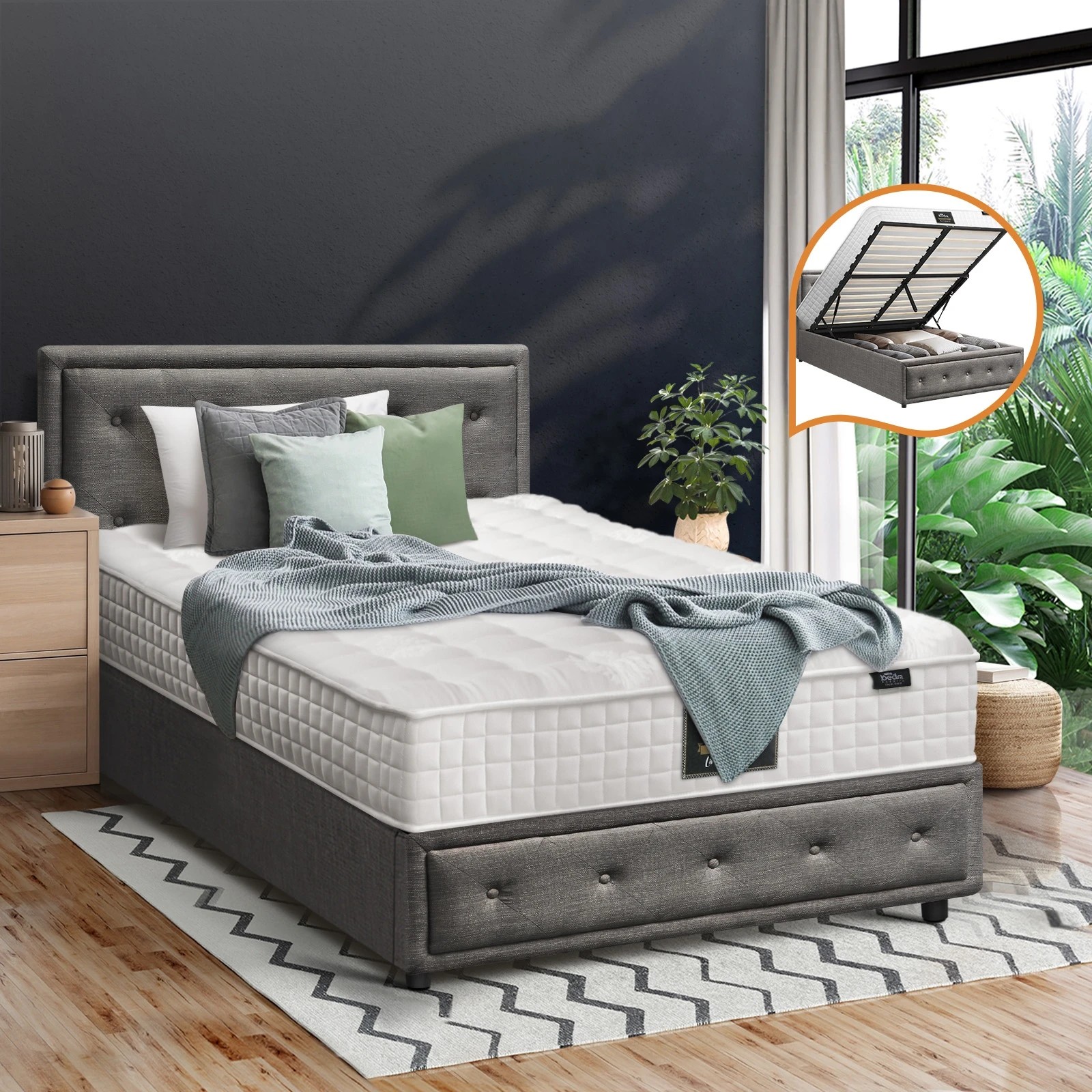 3 Oikiture Bed Frame King Single Gas Lift Storage with Mattress ENZO - Grey, 3 of 8