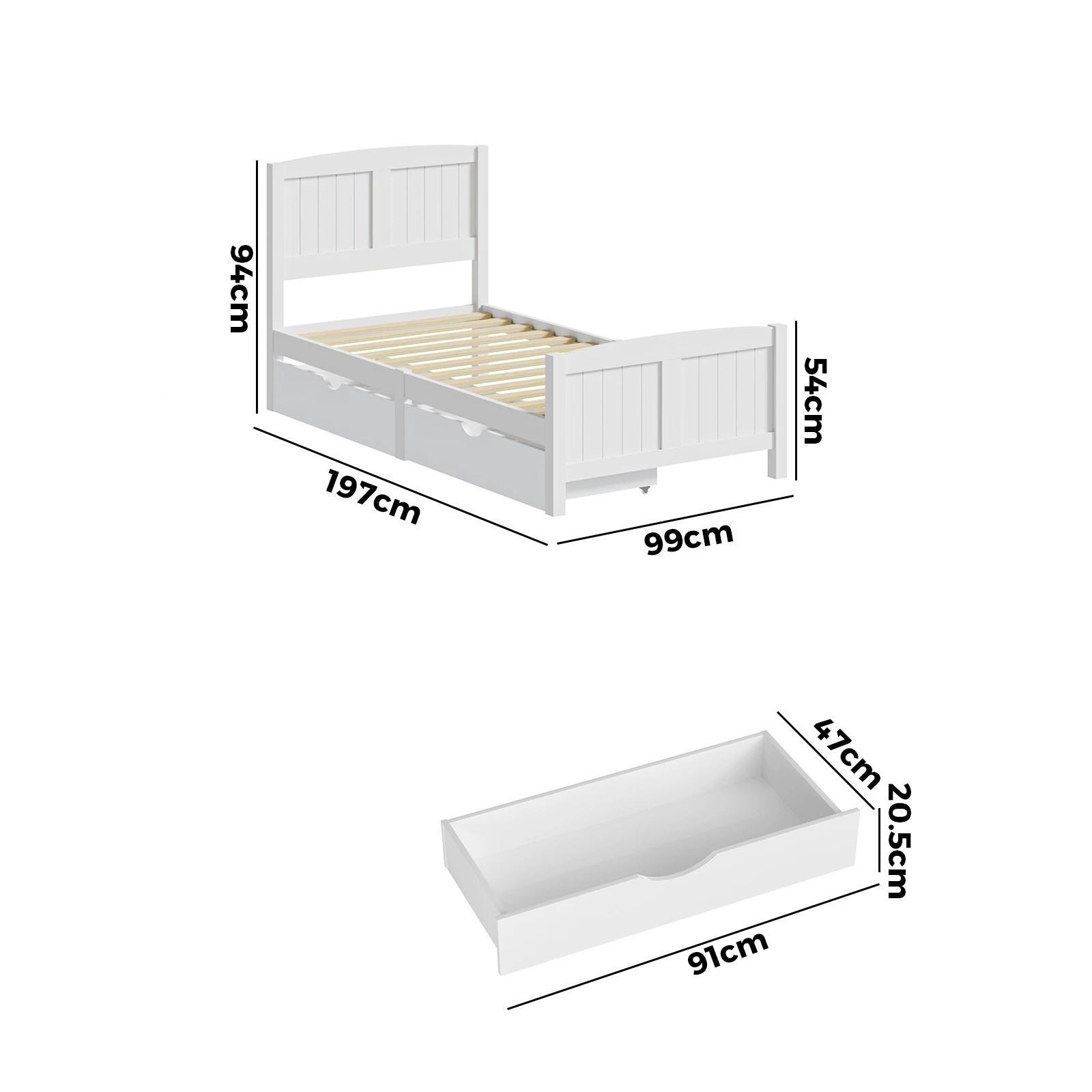 5 Oikiture Wooden Bed Frame Single Size Base With Trundle Storage Drawers
 - White, 5 of 8