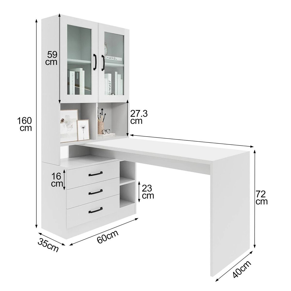 2 LUXSUITE Computer Desk Bookcase with Drawers White, 2 of 7