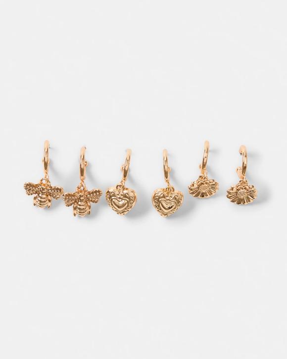 3 Pack Flower, Bee and Heart Earrings - Gold Tone