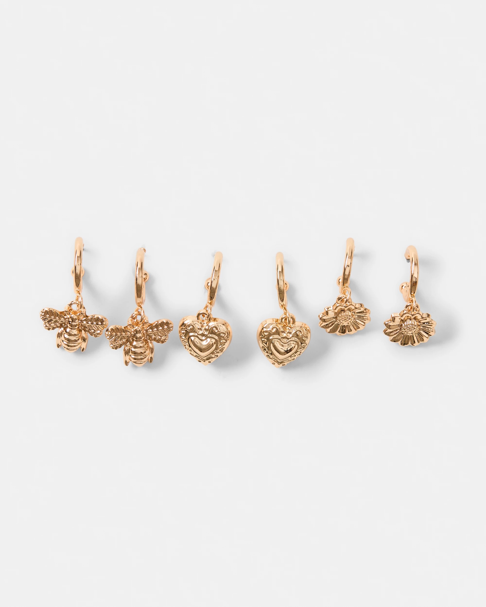 1 3 Pack Flower, Bee and Heart Earrings - Gold Tone, 1 of 5