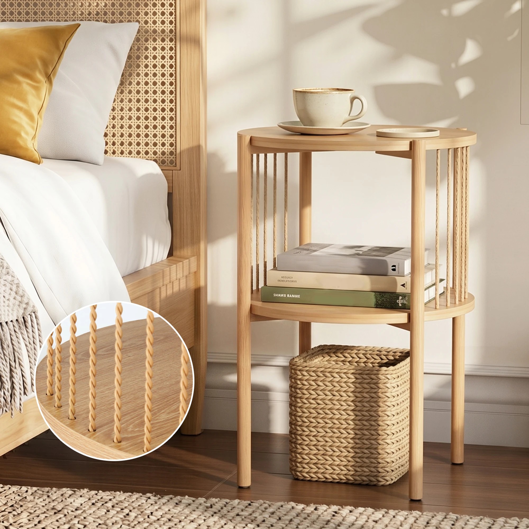 4 Artiss End Tables 2Pcs Coffee Table Boho Bedside Nightstand 2-Tier Round Wood - Natural, 4 of 8