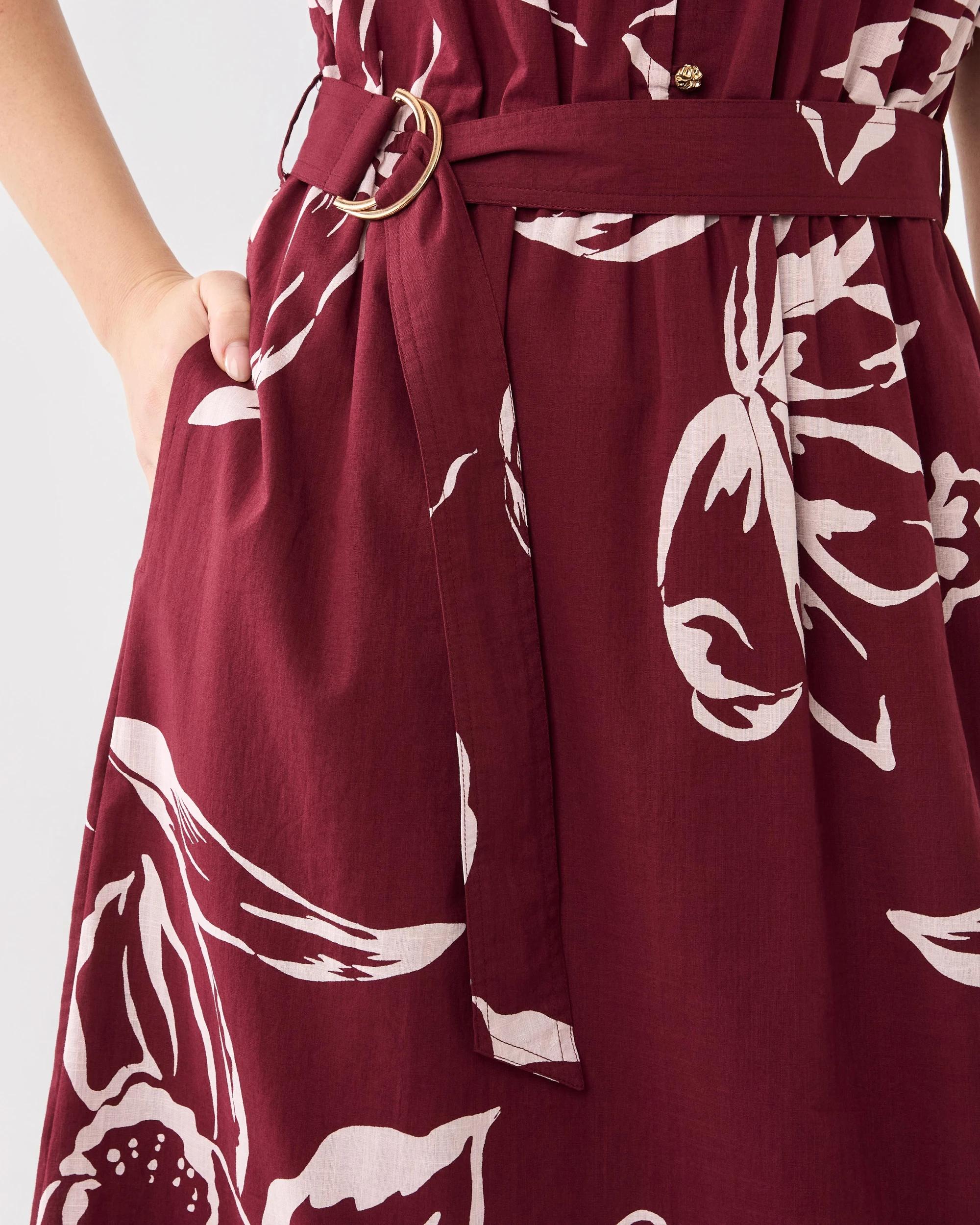 8 Short Sleeve Woven Belted Midi Dress Flrl Cran, 8 of 8