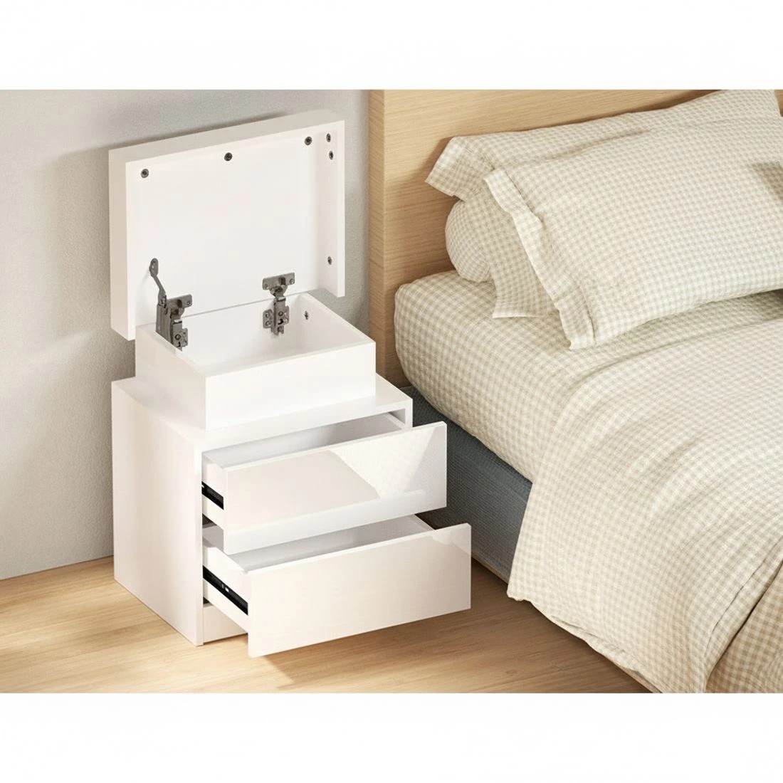 5 Artiss 2X Bedside Table LED 2 Drawers Lift-up Storage - White, 5 of 7