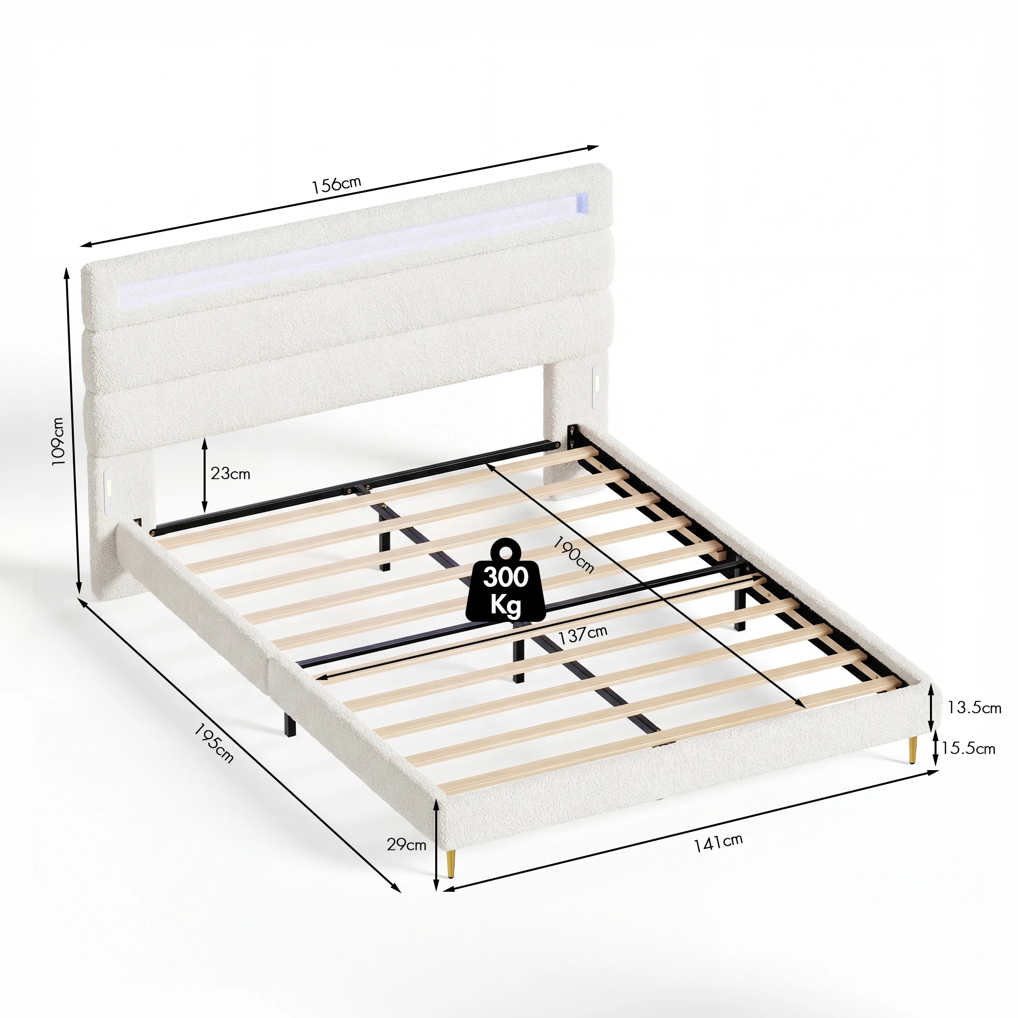 3 Advwin Double Cloud Bed Frame Teddy Fleece Upholstered LED Light Charging Ports - White, 3 of 8