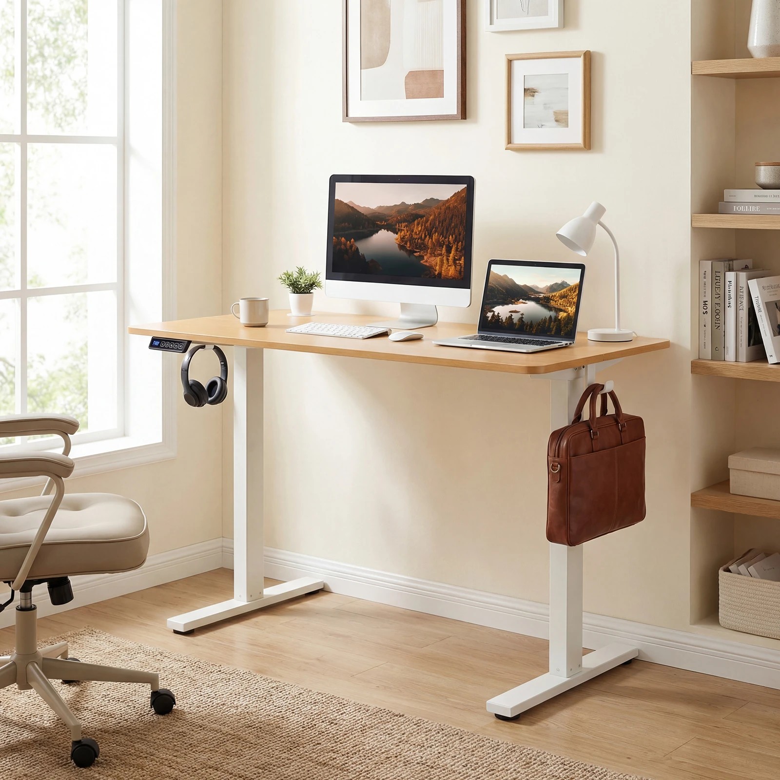 2 Costway Electric Standing Desk Motorised Sit Stand 3 Height Memory Computer Desk - Natural, 2 of 4