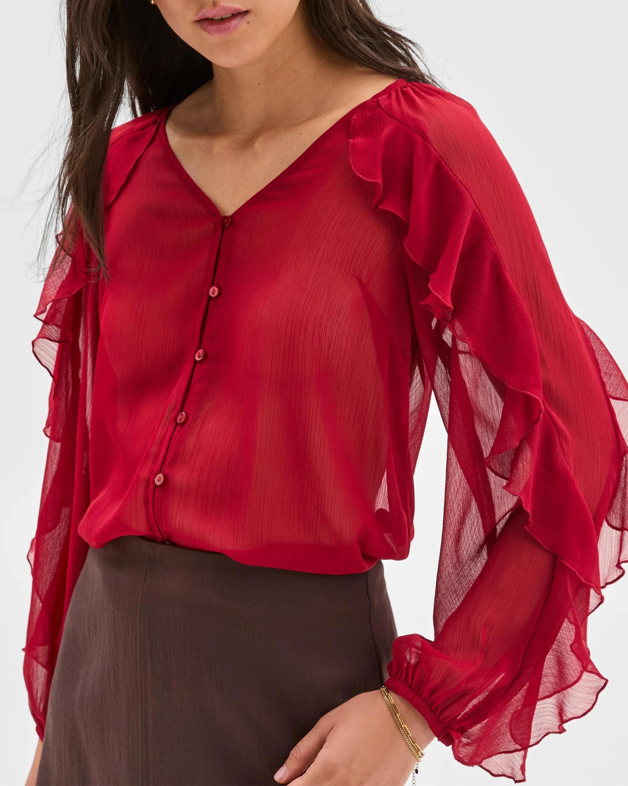 3 Long Sleeve Ruffle Detail Blouse - Preview CRIMSON, 3 of 7