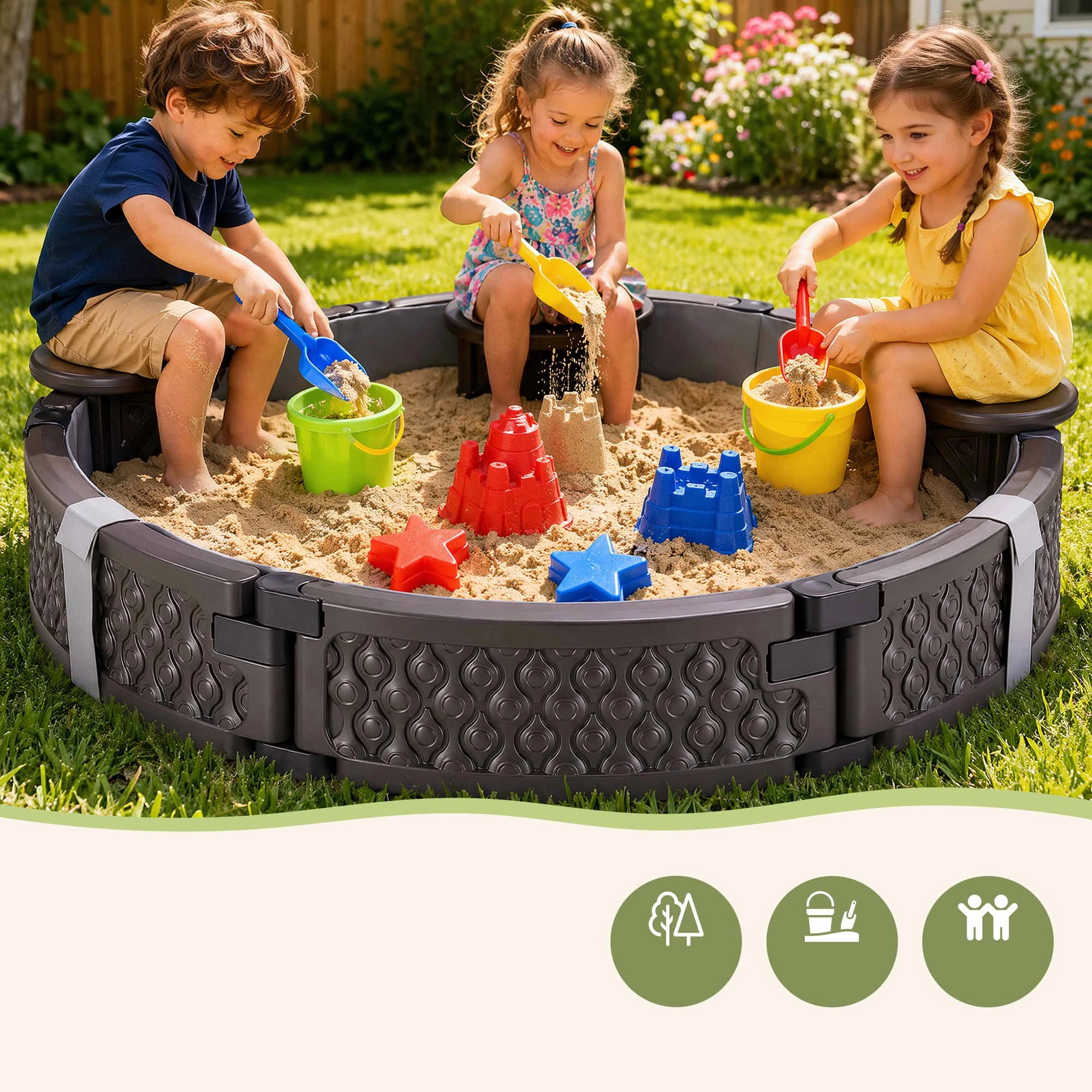 8 Kids Round Sandpit 121cm With 3 Seats Cover And Bottom Liner - Brown, 8 of 8