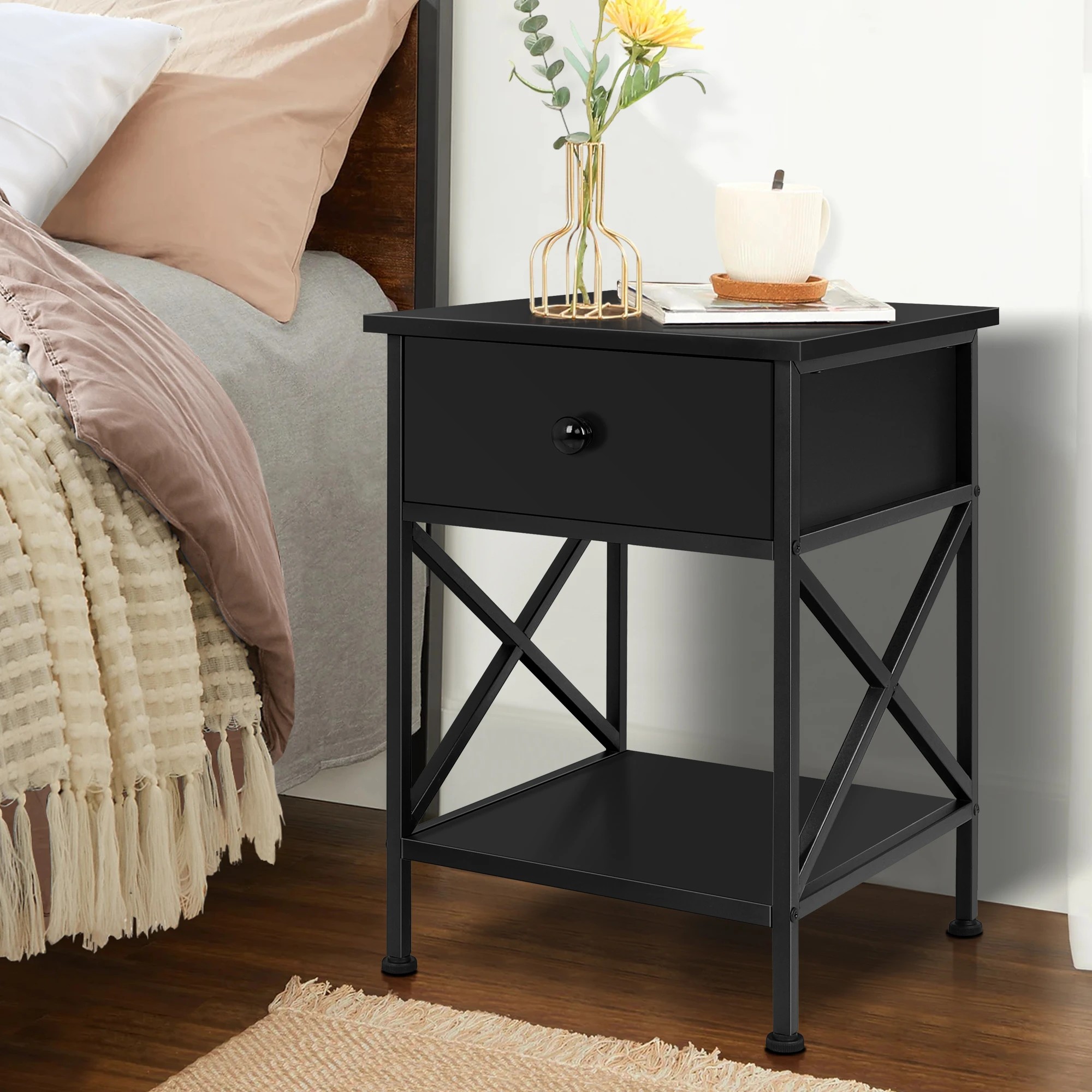 5 Alfordson Bedside Table Retro Wooden Nightstand Vintage Storage Side Cabinet - Black, 5 of 10