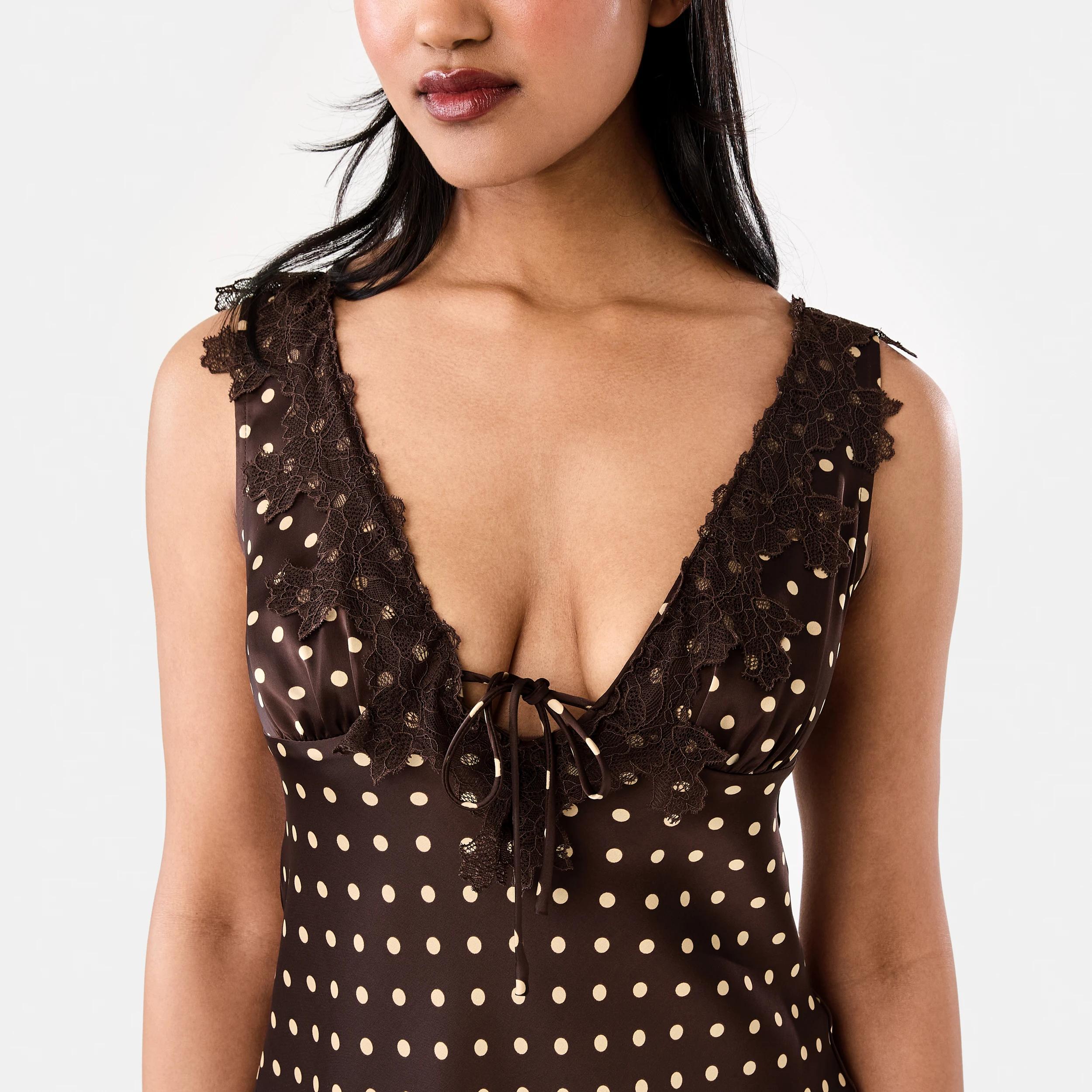 6 Satin Tie Mini Dress Brown Dot, 6 of 7