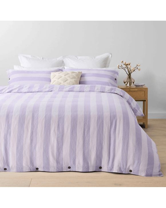Stripe Linen Cotton Quilt Cover Set - Queen Bed, Lilac