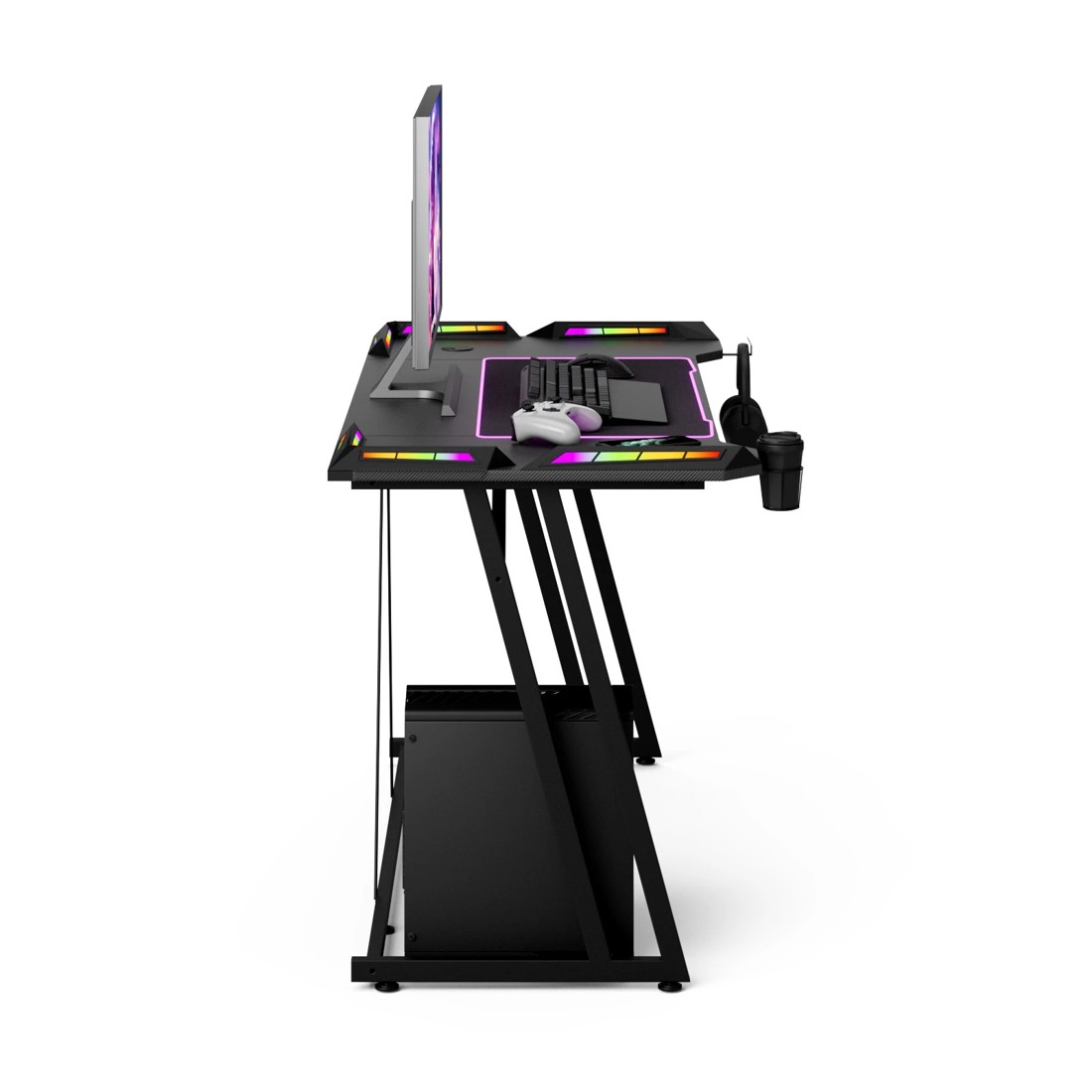 7 140cm LED RGB Gaming Desk Carbon Fiber Surface Computer Desk with Cup Holder Headphone Hook, 7 of 10