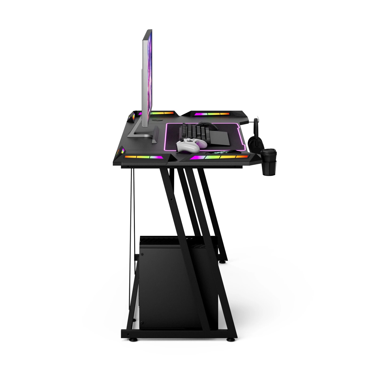 7 Advwin 140cm LED RGB Gaming Desk Carbon Fiber Surface Computer Desk with Cup Holder Headphone Hook, 7 of 10