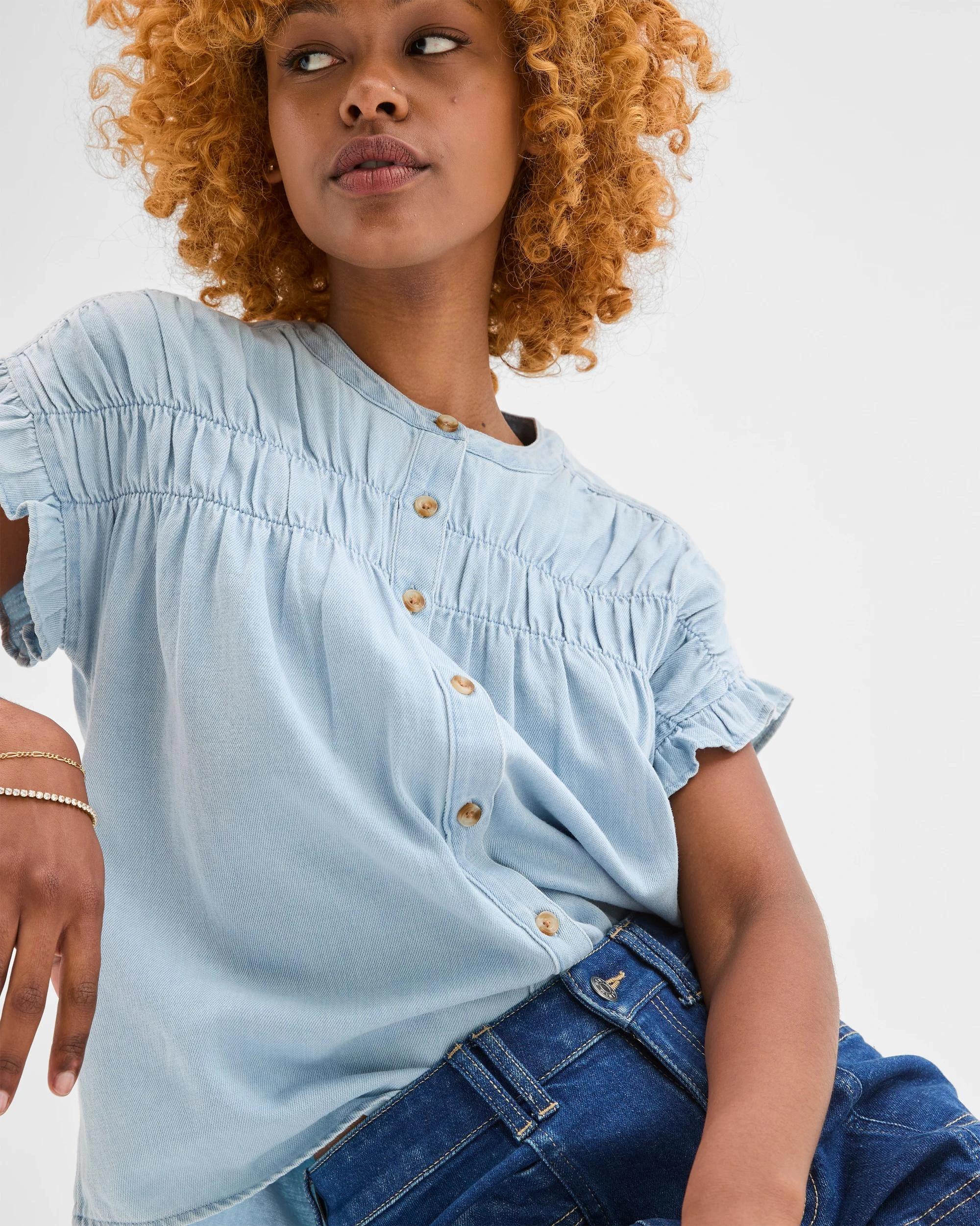 3 Target Petites Ruffle Sleeve Blouse CHAMBRAY, 3 of 5