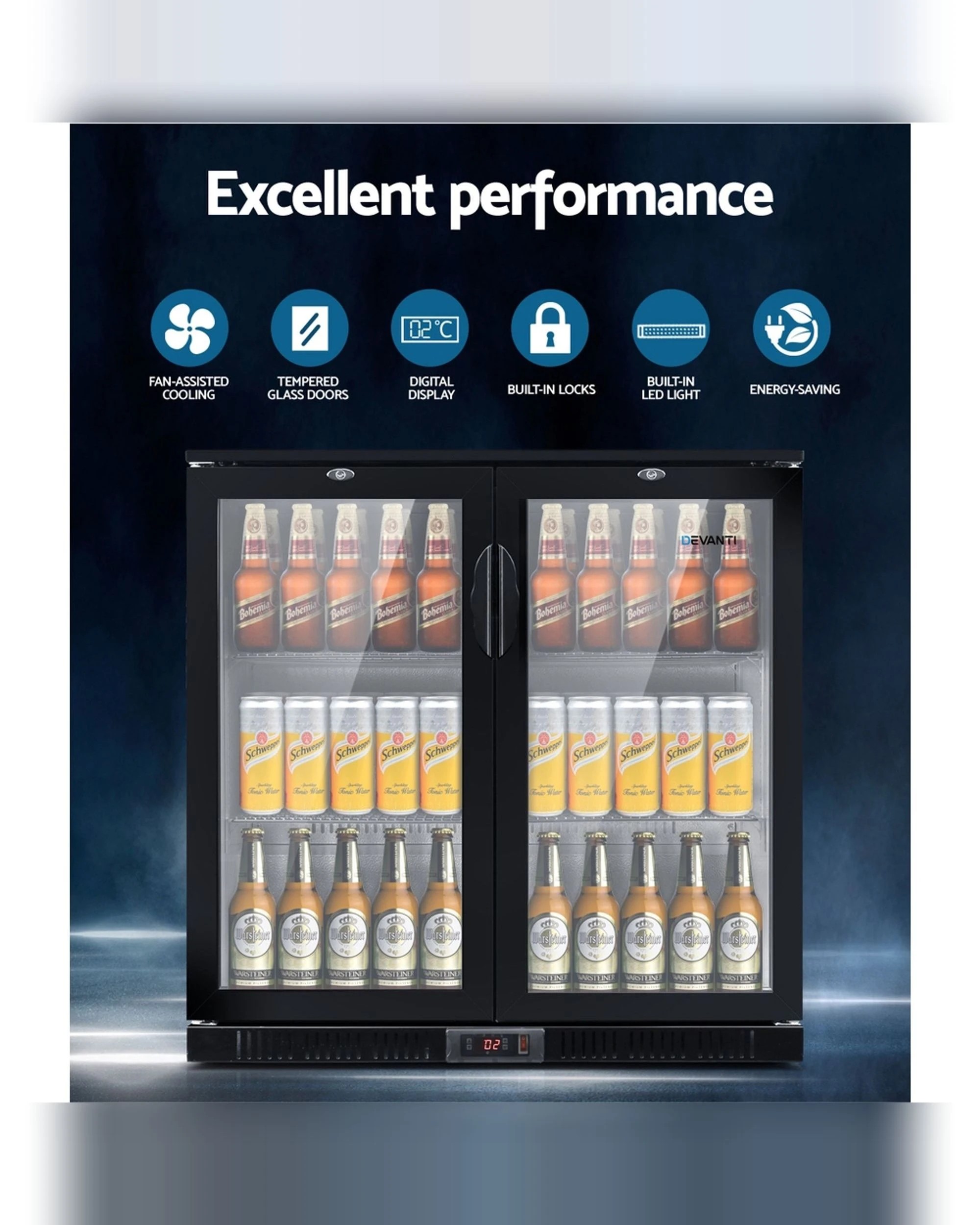 3 Devanti 198L Bar Fridge Dual Glass Door with Light Beverage Adjustable Shelves Quiet Lockable - Black, 3 of 7