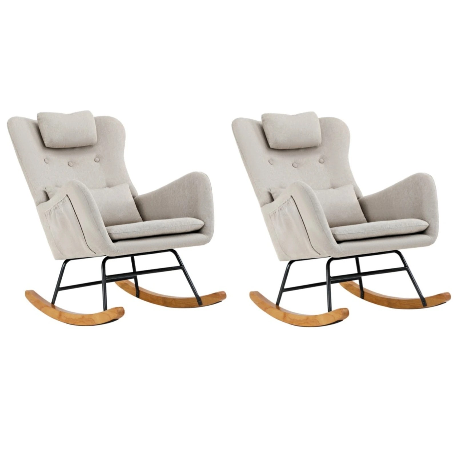 1 Oikiture 2x Rocking Chair Nursing Armchair Linen Chairs With 2 Pillow - Beige, 1 of 10