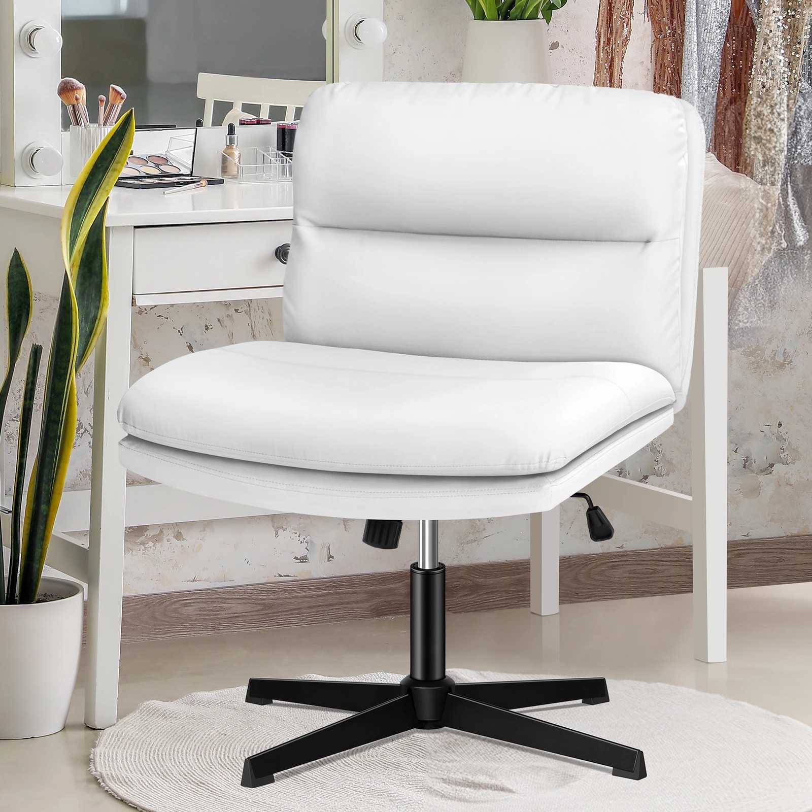 4 Alfordson Office Chair Computer Cross-legged Seat Work Ottoman PU Leather - White, 4 of 10