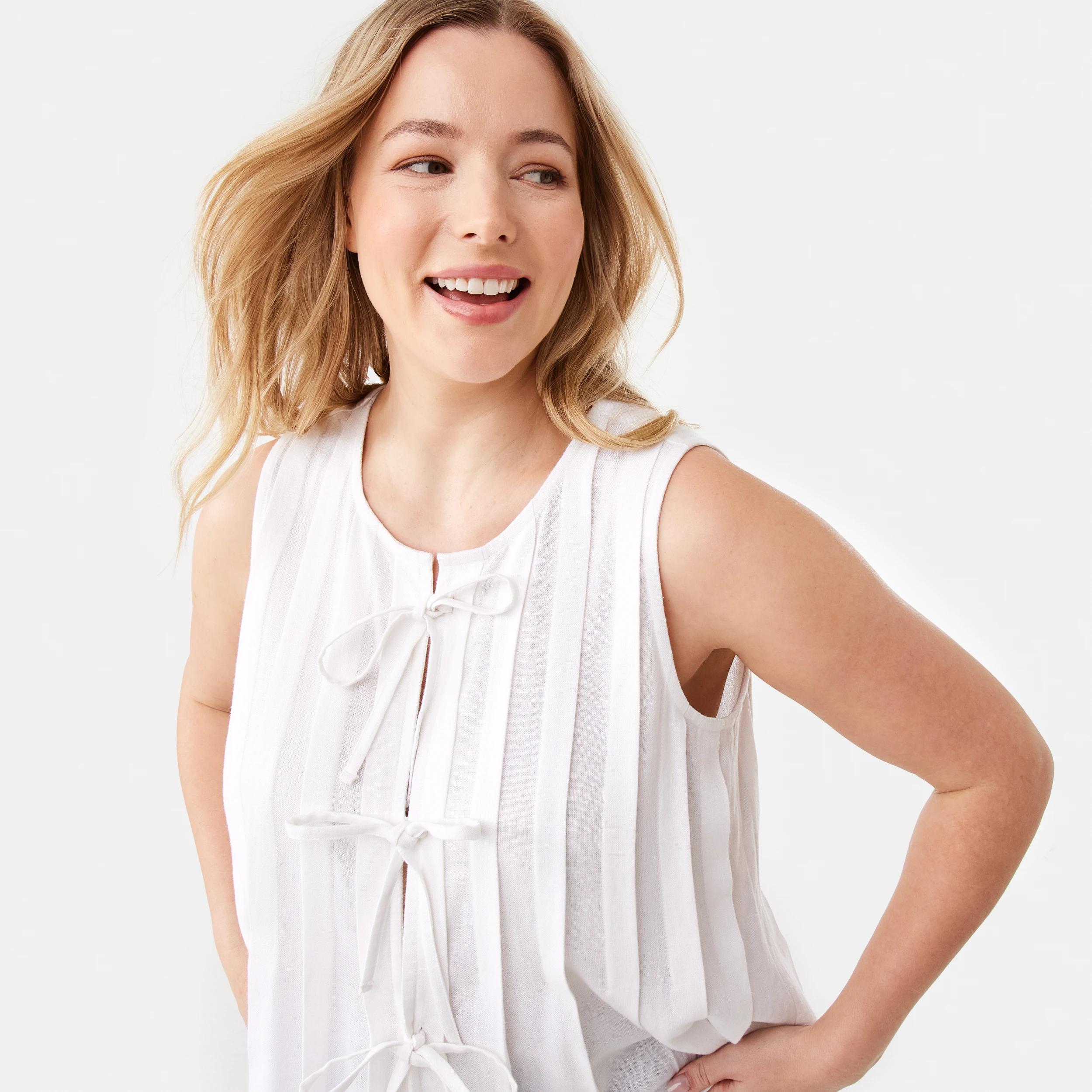 5 Sleeveless Pleated Tie Front Top White, 5 of 7
