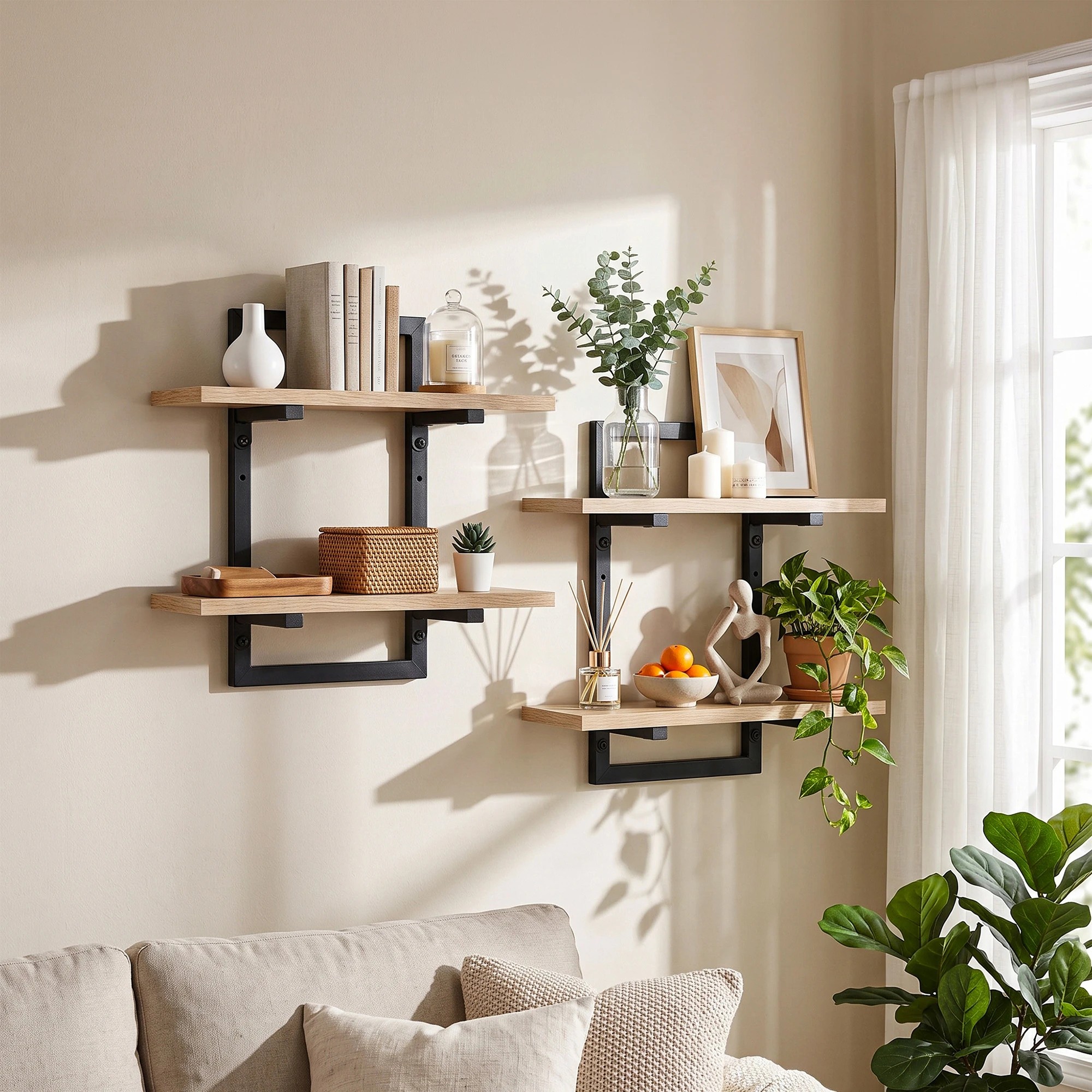 8 Artiss Set of 2 Floating Wall Shelf 2-Tier Wall-Mounted Display Ledge Wood&Metal - Natural, 8 of 8