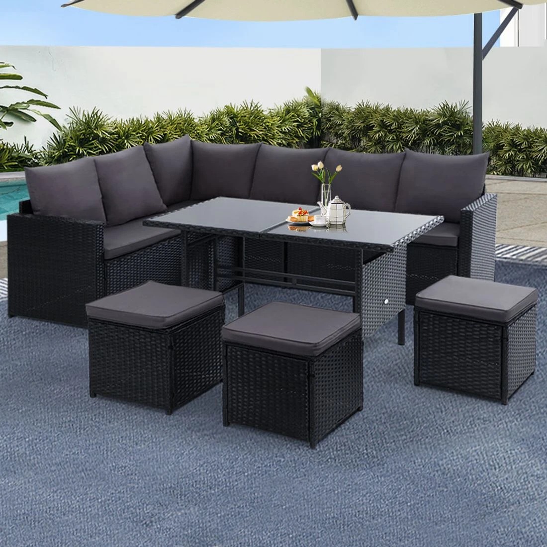 3 Gardeon Outdoor Dining Set Sofa Lounge Setting Chairs Table Ottoman Lawn - Black, 3 of 6