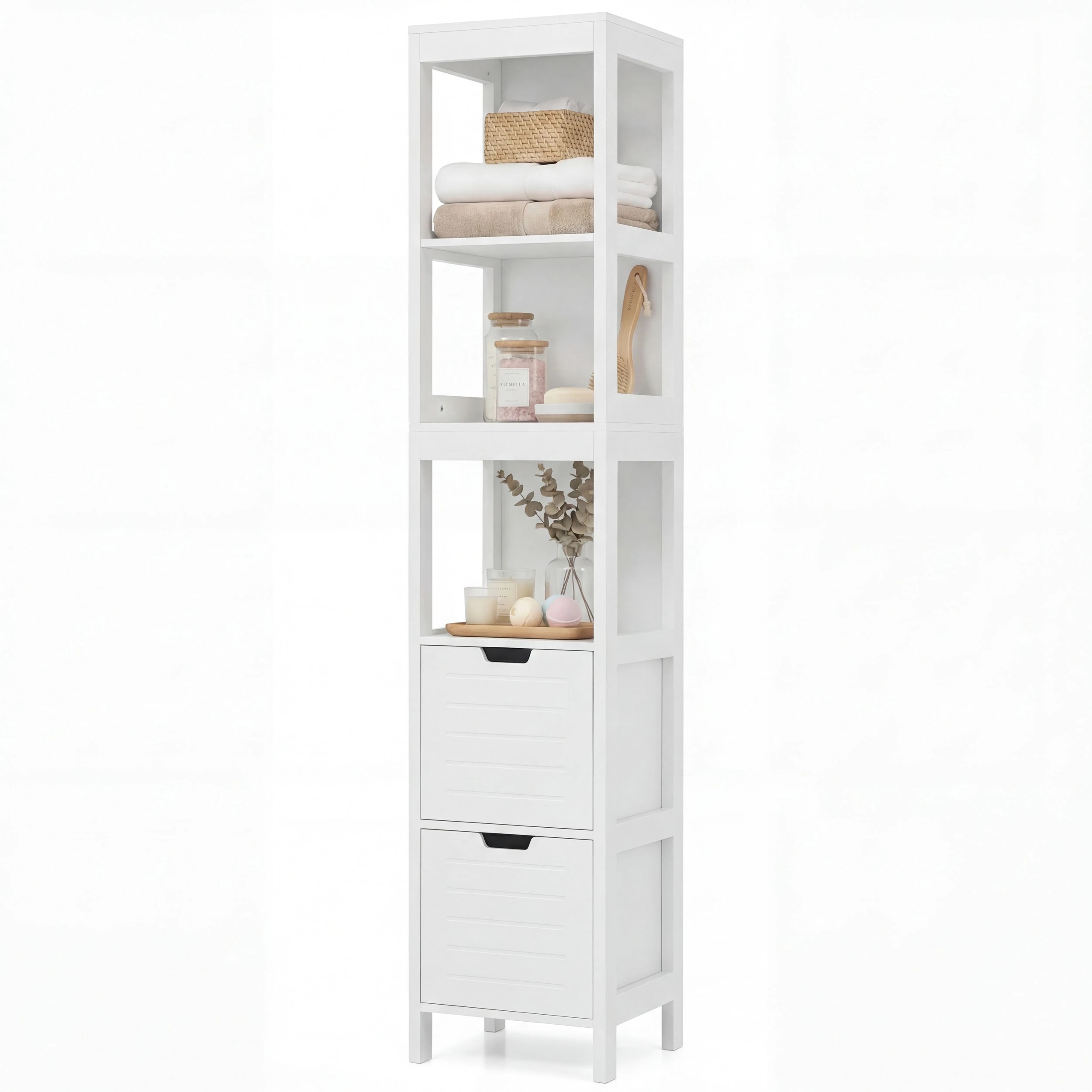 5 Costway 145cm Bathroom Cabinet 5-Tier Wood Storage Organiser w/2 Drawer - White, 5 of 6