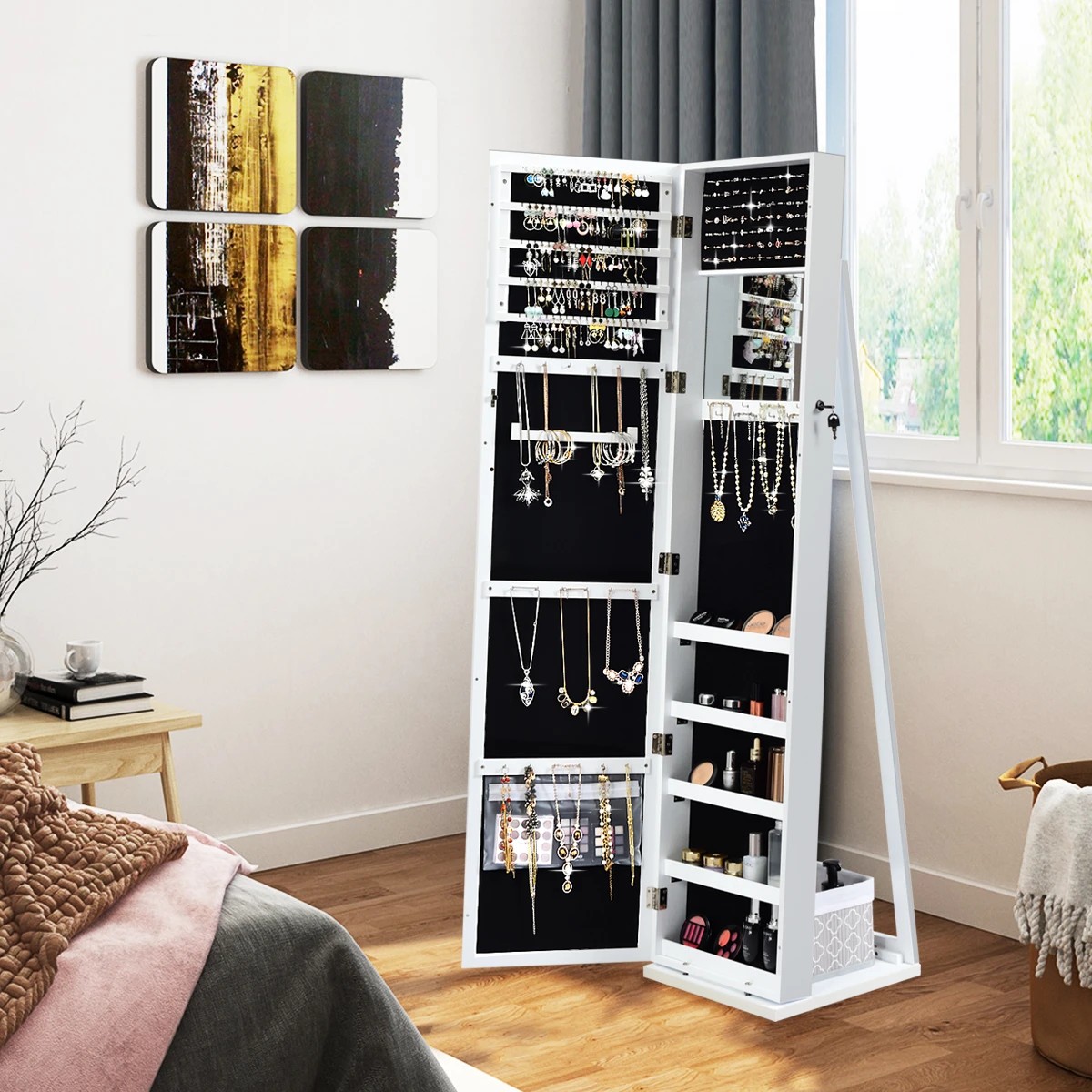 3 Costway Mirror Jewellery Cabinet Jewelry Armoire Lockable Jewelry Storage Organizer Box - White, 3 of 4