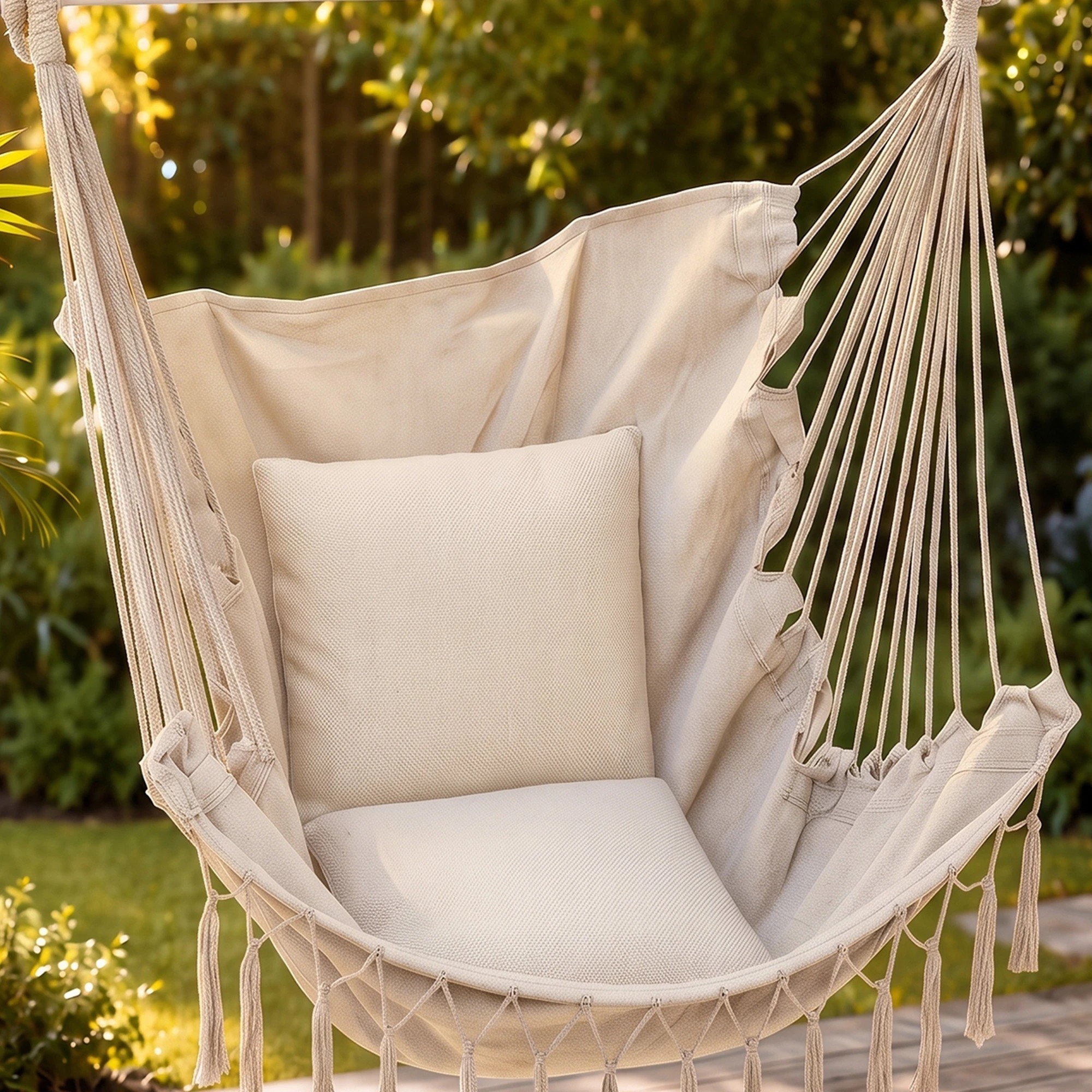 7 Gardeon Hammock Chair Camping Macrame Hanging Swing with Cushions Tassels 120kg Capacity - Beige, 7 of 8