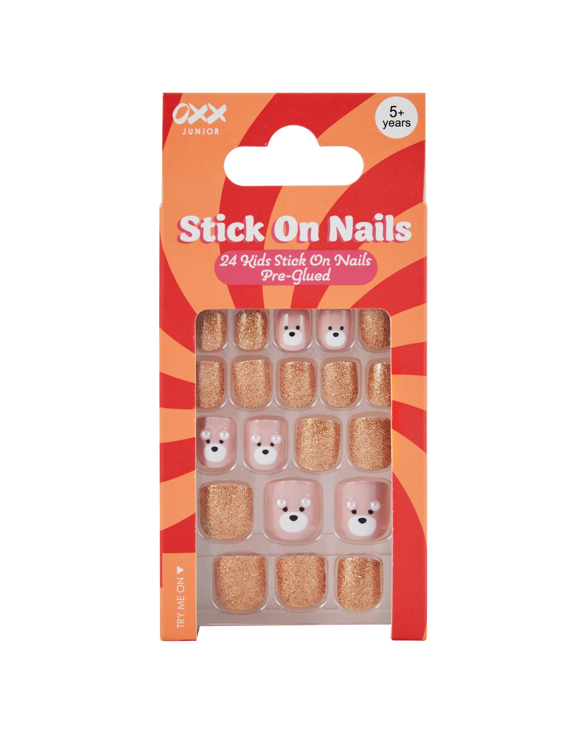 1 OXX Junior 24 Pack Kids Pre-Glued Stick-On Nails - Square Shape, Glitter Teddy Bears, 1 of 4