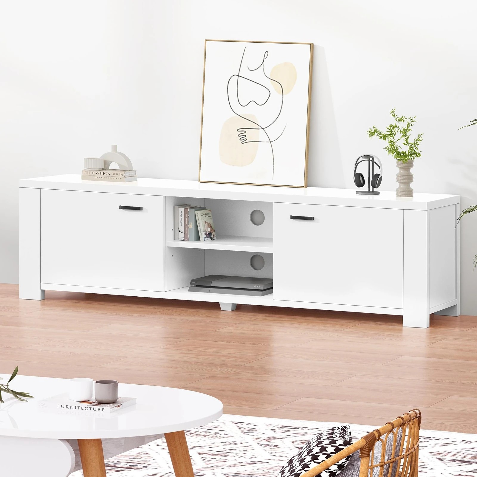 2 Alfordson TV Cabinet Entertainment Unit Stand Storage Shelf 160cm - White, 2 of 10