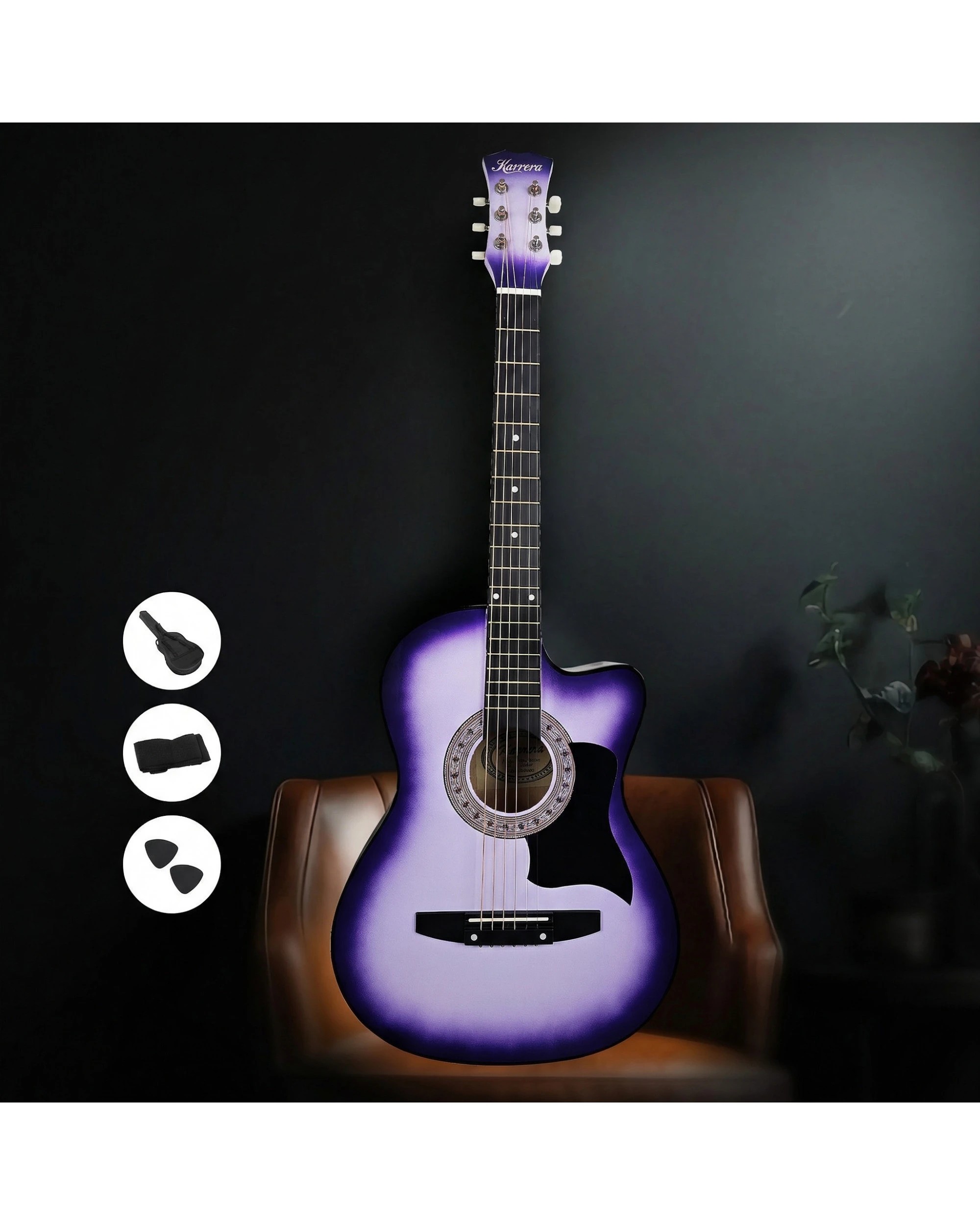 7 Karrera 38in Cutaway Acoustic Guitar with Guitar Bag in Purple Burst - Purple, 7 of 10