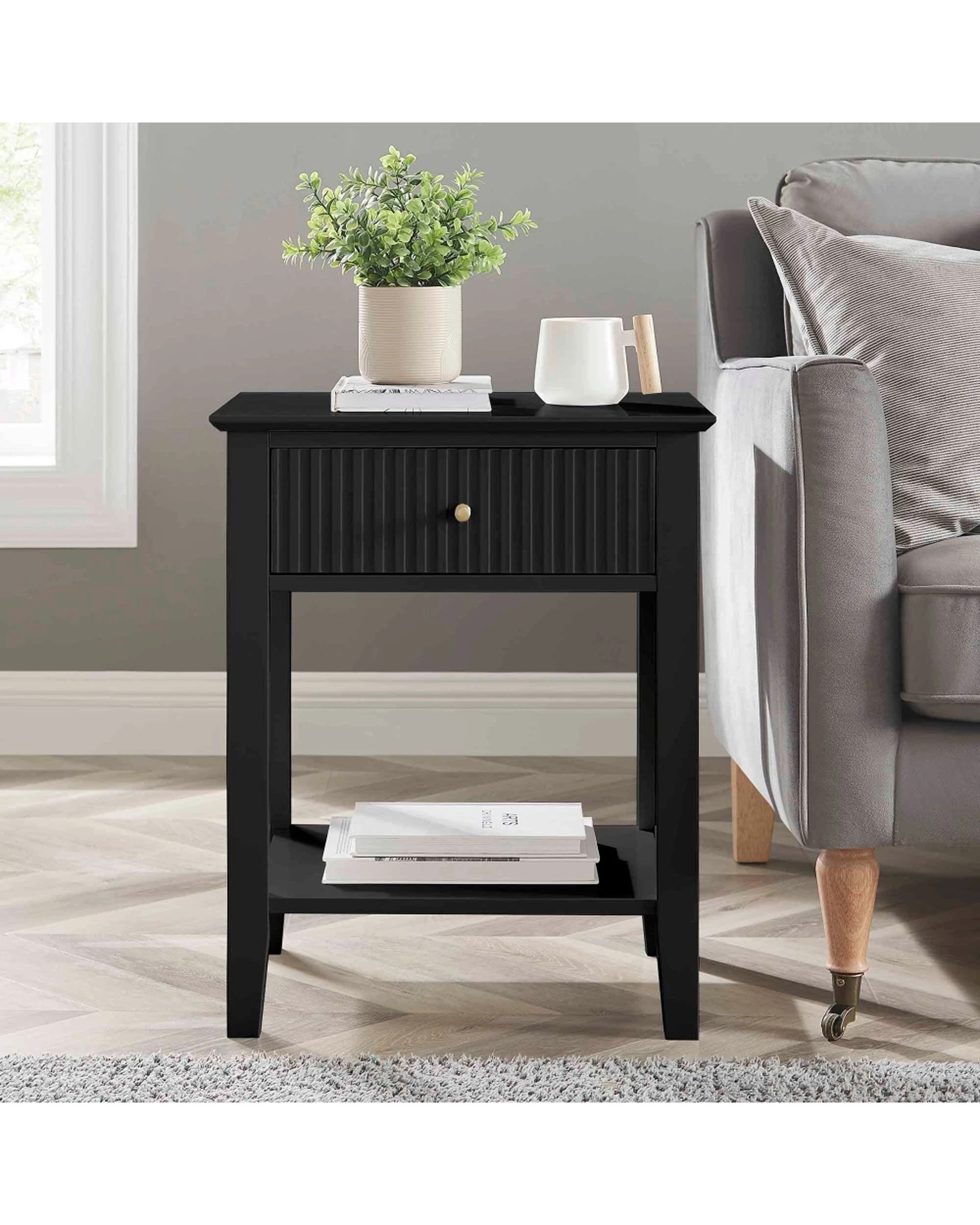 2 Alpine Bay Zara Fluted 1 Drawer Side Table With Shelf Storage Classic Style 48x35x61.5cm - Black, 2 of 5